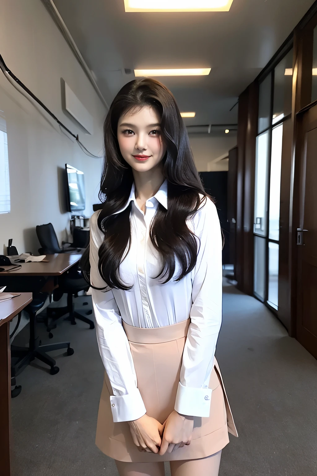 highest quality, masterpiece, 8k, ultra high resolution, (realistic: 1.4), 1 girl, beautiful face, symmetrical eyes, big, perfect body proportions, ((long hair、Little wave))、Office Lady, business suit、collared shirt、Tight Skirt、the gaze of the beholder, (Inside the company: 1.2), Front view, Absolute area (1.3),friendly smile