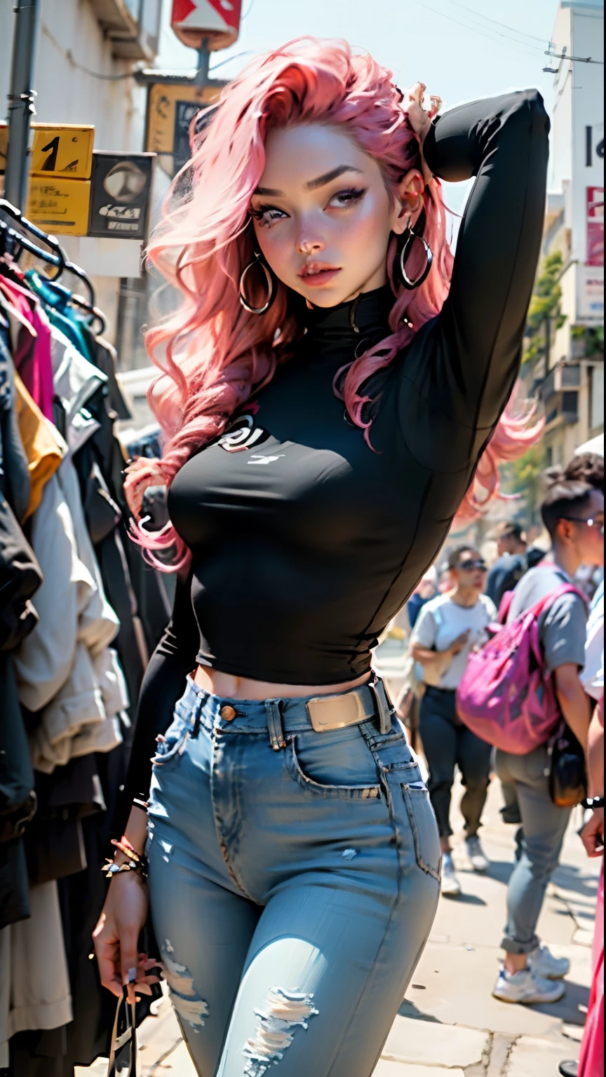 Definition of the woman's body: coxa fina, abdomen up, meio dos seios, jeans curto, Cosplay de black wido,  de black wido no peito blusa curta rosa con negro , abdome definido, seios medinos 