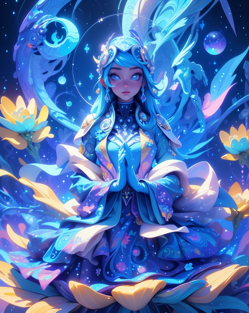 (high-res, vivid colors), blue bird alien, detailed feathers, sparkling eyes, alien landscape, vibrant colors, surreal atmosphere, glowing lights, otherworldly features, intricate patterns, dreamlike scenery