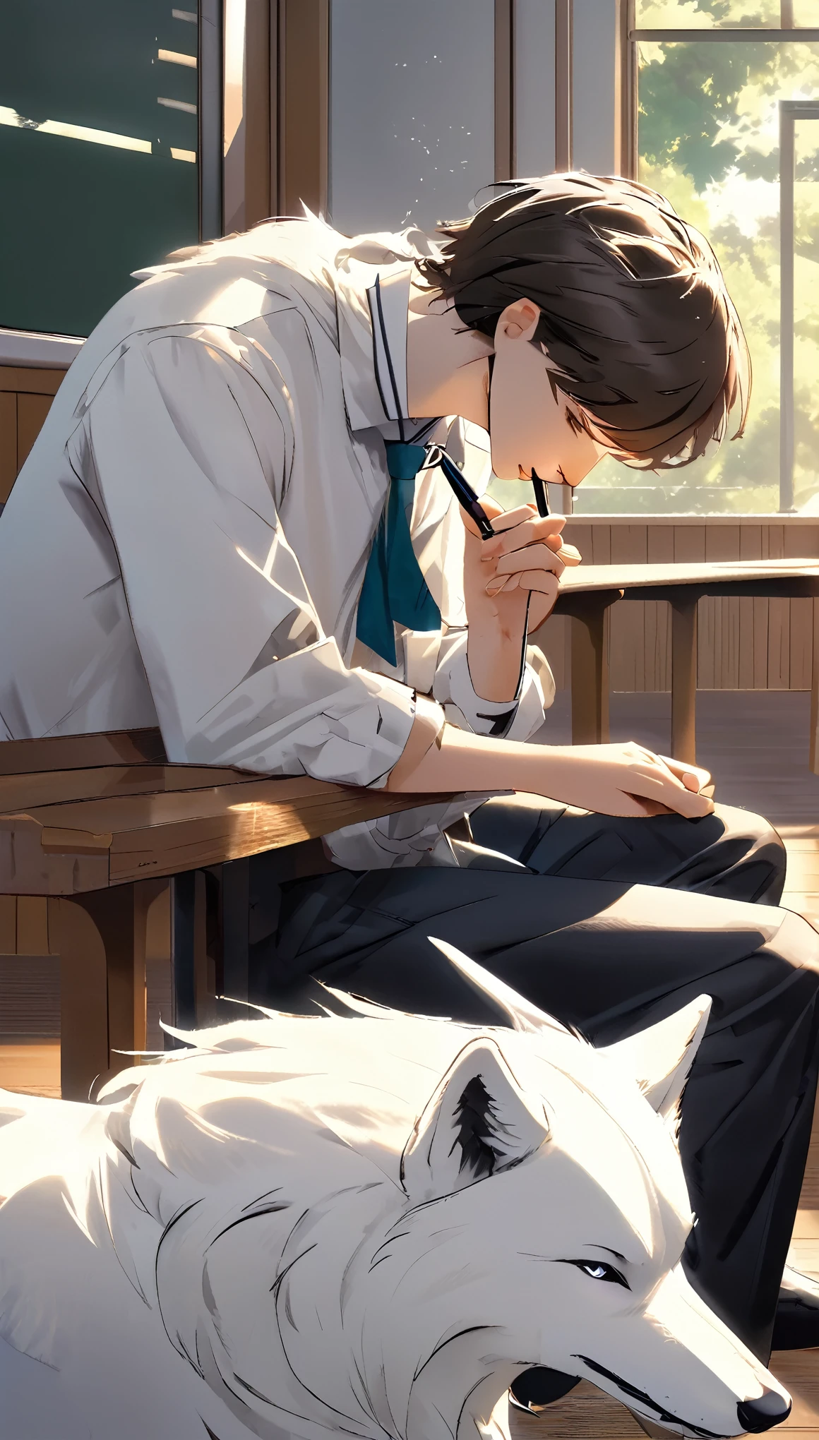 A white man in school uniform holding a pen in his mouth sitting on a bench in the classroom looking at a white wolf girl outside the window. The two wolves stare at each other.