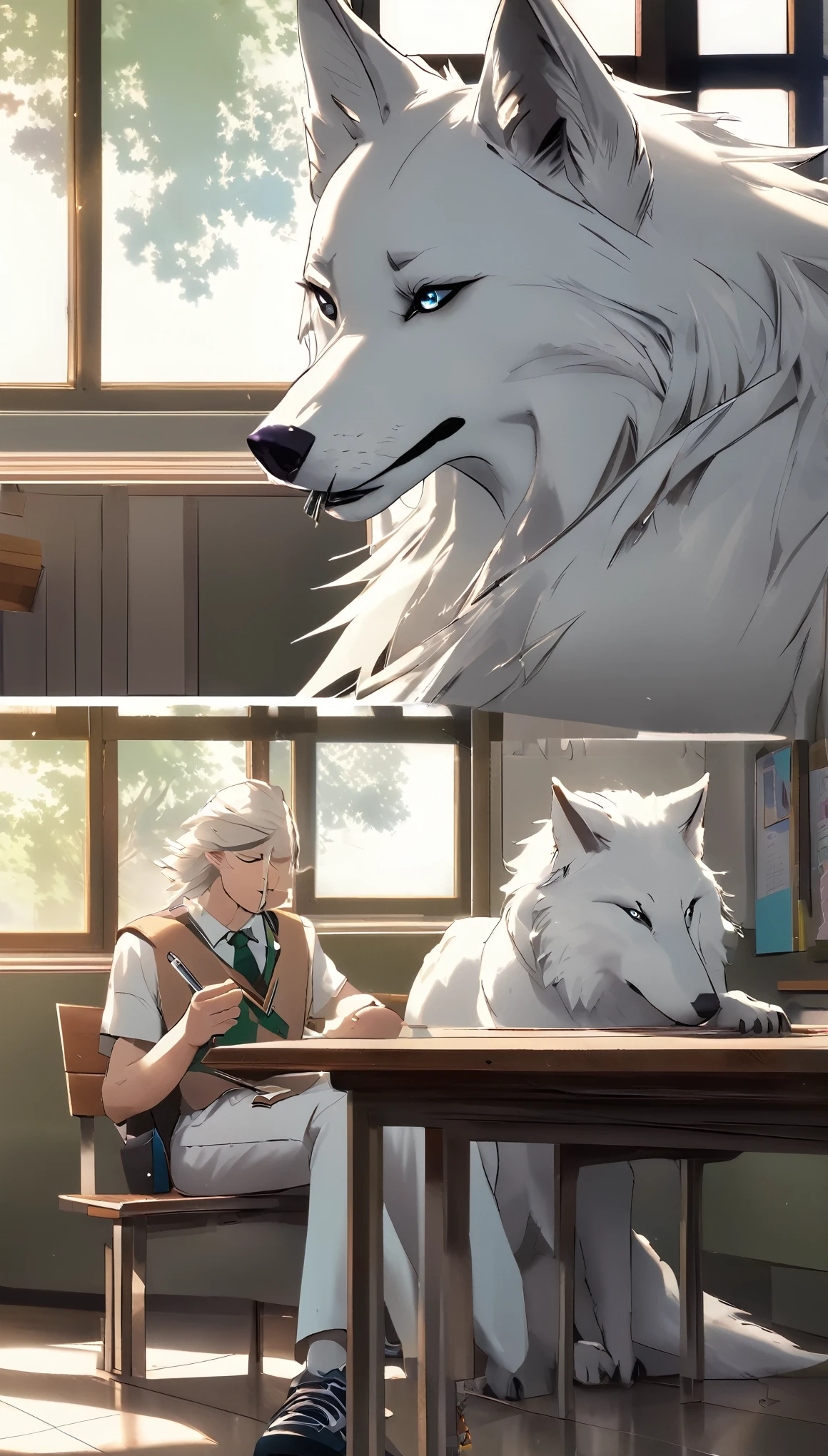 A white man in school uniform holding a pen in his mouth sitting on a bench in the classroom looking at a white wolf girl outside the window. The two wolves stare at each other.
