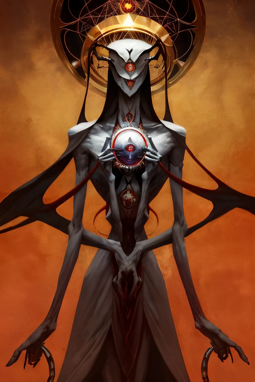 monstrous, Beautiful, Masterpiece, Best quality, perfect lighting, monster smile with crooked fangs, mask covering eyes, vitruvian man, Very skinny, disproportionately long arms, A sinister aura, something, chained, deity, pentagrams, cultist clothing