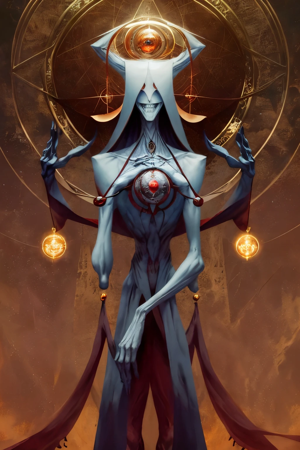  monstrous, Beautiful, Masterpiece, Best quality, perfect lighting, monster smile with crooked fangs, mask covering eyes, vitruvian man, Very skinny, disproportionately long arms, A sinister aura, something, chained, deity, pentagrams, cultist clothing