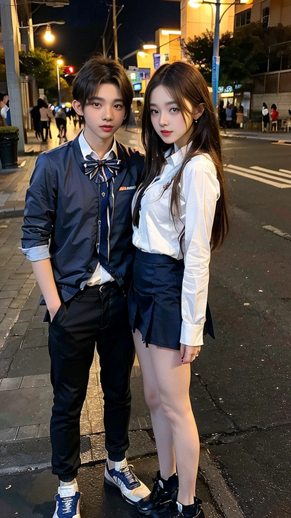 (((NFSW : 1.2))), (((pornography))), (realistic), (intricate details:1.2), (masterpiece、:1.3), (top quality:1.4), (Ultra A high resolution:1.2), Ultra A high resolution, 8K resolution, very detailed expression, dark, (high quality), complete anatomy, natural anatomy, full body photo, 1 Girl is being taken away by 2 men, 18 years old, (call girl:1.5), (high school student : 1.5), (Korean:1.7), (beautiful : 1.4), (Shiny blonde banging), (big earrings), light makeup, long legs, (She wore flesh colored realistic pantyhose and fake socks and sneakers : 1.3), (a girl wore slim high_school uniform_pencil mini skirt and blouse : 1.6),(2 men wore high school uniform_shirts and pants:1.5), (they are wearing a slim blazer), glowing skin, The boys who love her stand on both sides of her and take her away..),(She is being sexually harassed by boys : 1.5), (The men grabbed her thighs.) , (night street : 1.5), dark, neon sign, red light district, prostitution street, (detailed background:1.2),(She has fun with several men of Korean high school students : 1.4), (One pair of shoes are always symmetrical:1.5), they are poor_behaved teenagers,