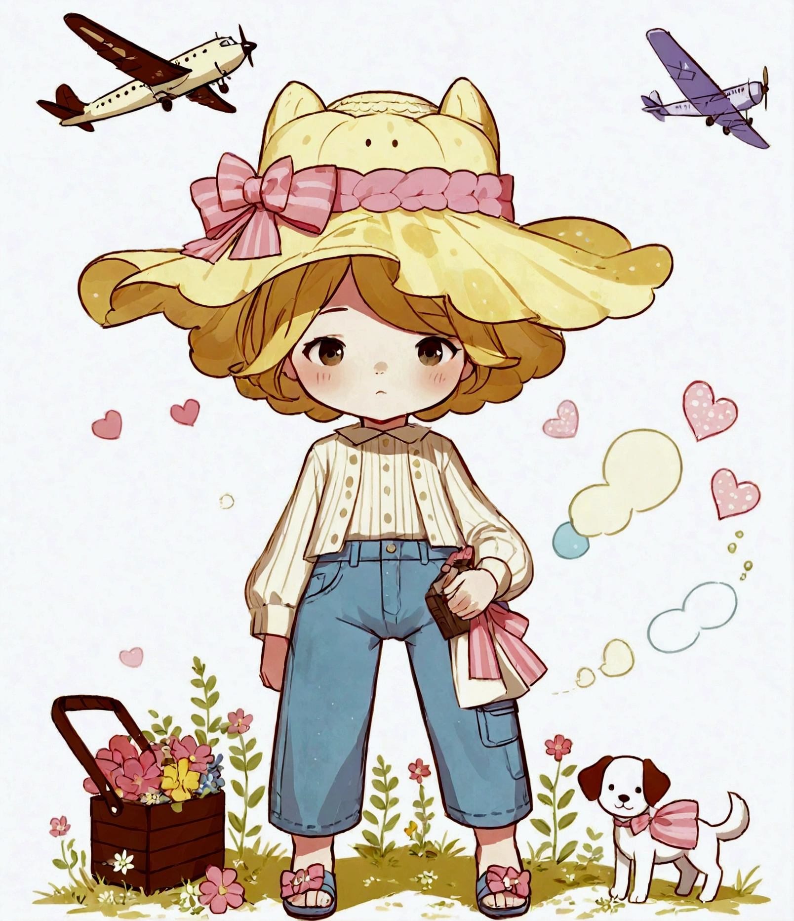 ((pose completely from the front to the camera, first primer plane: 1.2)), romantic illustration style of Sarah Kay from the XIX century, 1 small sola, hermosa romantic image, beautiful braid with pink bow, filtro en las sandalias con jeans anchos , remember rosada, gorro grande floreado with my rosado, completely surrounded by the viewer, suave colors in pastels, idyllic, magical, romantic. high detailed, HD, 8K, very maestra, ((best romantic illustration in Sarah Kay style: 1.3)), image content: 1.2