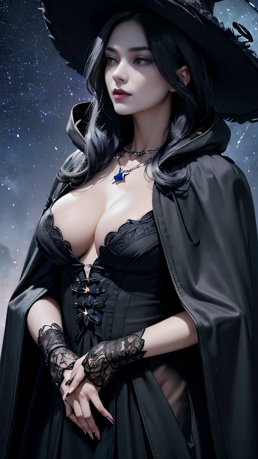 (Fatal Beauty,A charming villain,witch) ,(A supple and powerful physique),(Sensual charm),(Mysterious charm:1.1),(Captivating silhouette),((((big sapphire necklace))))、(highest quality,High resolution:1.2),(dark,Threatening:1.1),((dark horror theme:1.5),(Thriller:1.5)),(Dark fantasy:1.5), (((Countless stars fly away:1.5),(Absurd:1.5),(wonderful:1.5))),Woman in red Dress, (Powerful numbers:1.1),(((Big Breasts))),(((Fiery crown:1.1))),prime color,Urban,Very detailed,masterpiece,Intricate details,Faded,Very detailed, Eye for details,Intricate details,暗くてSpooky atmosphere, Spiritual Beings, Unforgettably beautiful, Ghostly figures, Shadow-like shape, Spooky whispers, Ominous Aura, Goth Maiden, Very darkHer eyes, Like dazzling fur in a starless haze,Her Mogul Snaps, Mysterious Cemetery,Black hair swaying in the moonlight, She summons darkness, (beautiful: 1.7), (Black Hat: 1.6), (An intricately decorated jet-black cloak: 1.6), (Delicately decorated cloak, Despite the damage: 1.5), Hypermaximalist, Breathtaking oil paintings, Surreal, Ultra-realistic digital illustrations that mimic the style of oil paintings, A seamless blend of Alex Grey's psychedelic visionary art and H's physical and mechanical aesthetic..r. Giger. wonderful構成, (Shining Eyes:1.6)、(Glowing Eyes:1.1),(hellish landscape:1.1),(fire,sulfur:1.1),(Threatening atmosphere:1.1),(dark shadows,Threatening presence:1.1),(Unlucky Clouds,Stormy Skies:1.1),(dark,Spooky atmosphere:1.1),(Aura of misfortune,Evil energy:1.1),(dark aura,cigarette:1.1),(Extreme heat,Burning Flames:1.1),(Nightmare Visions:1.1),(Predicting the end:1.1),(Whispers of misfortune,Devilish Laugh:1.1),(Cry of pain,echoing screams:1.1),(Bad luck symbol,Ancient runes:1.1),(Mysterious relic,dark art ifacts:1.1),(Infernal ritual,ritual sacrifice:1.1),(Eternal ruin,A hopeless existence:1.1), Inspired by abandoned mech backgrounds. Art created by Craig Mullins, Necrostyle., Detailed Description, Futuristic sci-fi scene. Focus on SFCon