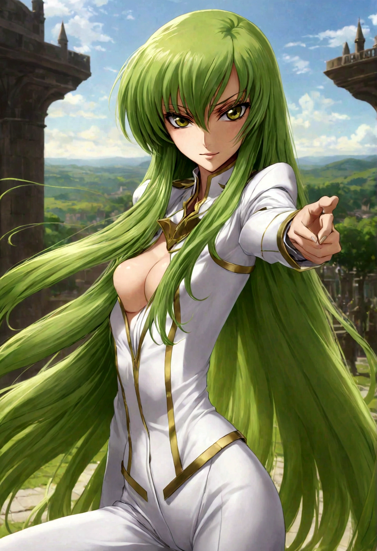 1girl, Code Geass, C.C., "CODE GEASS Lelouch of the Rebellion", solo, (green hair), cc_codegeass, hair between eyes, very long hair, white suit, outdoor, seductive smile, looking at viewer, weapon, (masterpiece, best quality, Professional, perfect composition, very aesthetic, absurdres, ultra-detailed, intricate details:1.3)