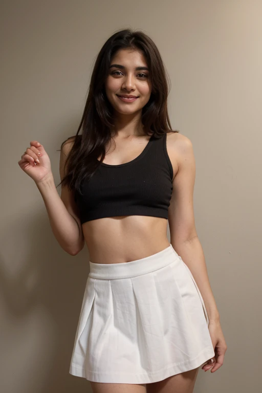 A beautiful Indian cute girl smile , sexy poses, perfect anatomy, sexy , curvy body, wearing small black top and long white skirt