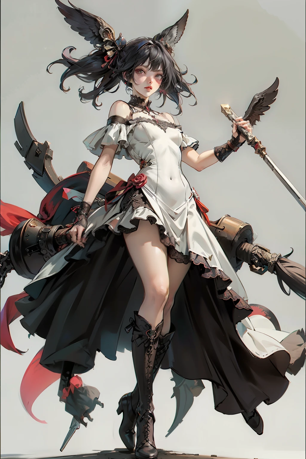 ((best quality)), ((masterpiece)), (detailed), blank white background, plain background, white background, off the shoulder NSFW, off shoulder, red and white clothing, Bloodborne inspired, occult aesthetic, occult, detailed and intricate steampunk and detailed gothic, NSFW, Very dramatic and cinematic lighting, cosmic horror, grim-dark, side-lighting, perfect face, NSFW, Fluttering lace flared long knee length dress with frilly petticoats, knee length dress, pleated petticoats, lolita dress, petticoats gothic lolita, complex lace boots, side-lighting, gothic lolita aesthetic, wielding a mighty sword, carbine, NSFW, beautiful small breasts, small breasts, full body, whole body, body, plain background, white background, blank background, no background, white background NSFW, full body, whole body, head-to-toe NSFW