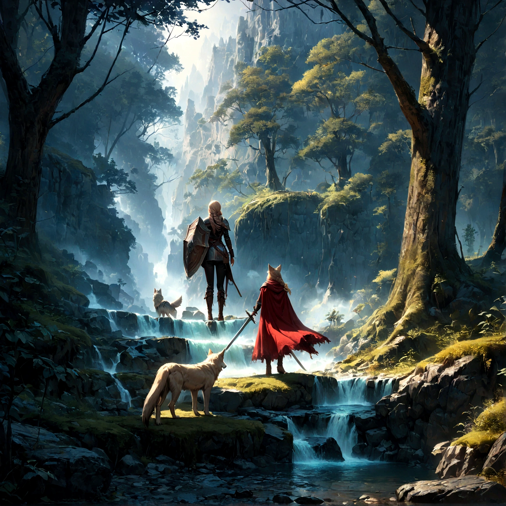 fantasy art, RPG art, Dark fantasy art, ultra wide shot, RAW, photorealistic, a picture of (1single: 1.5) female human ranger, the ranger, an exquisite beautiful human woman, long blond hair, braided hair, green eyes, wearing leather armor, wearing (red cloak: 1.1), armed with a (sword: 1.3), wearing laced boots, standing in a dark forest at night, (mist rising from the grounds: 1.3), a sense of dread and fear, yet she stands defiant and fearless, there is a wolf companion with her,  dark fantasy forest background, best quality, 16k, [ultra detailed], masterpiece, best quality, (ultra detailed), full body, ultra wide shot, photorealism, Sword and shield, dark novel