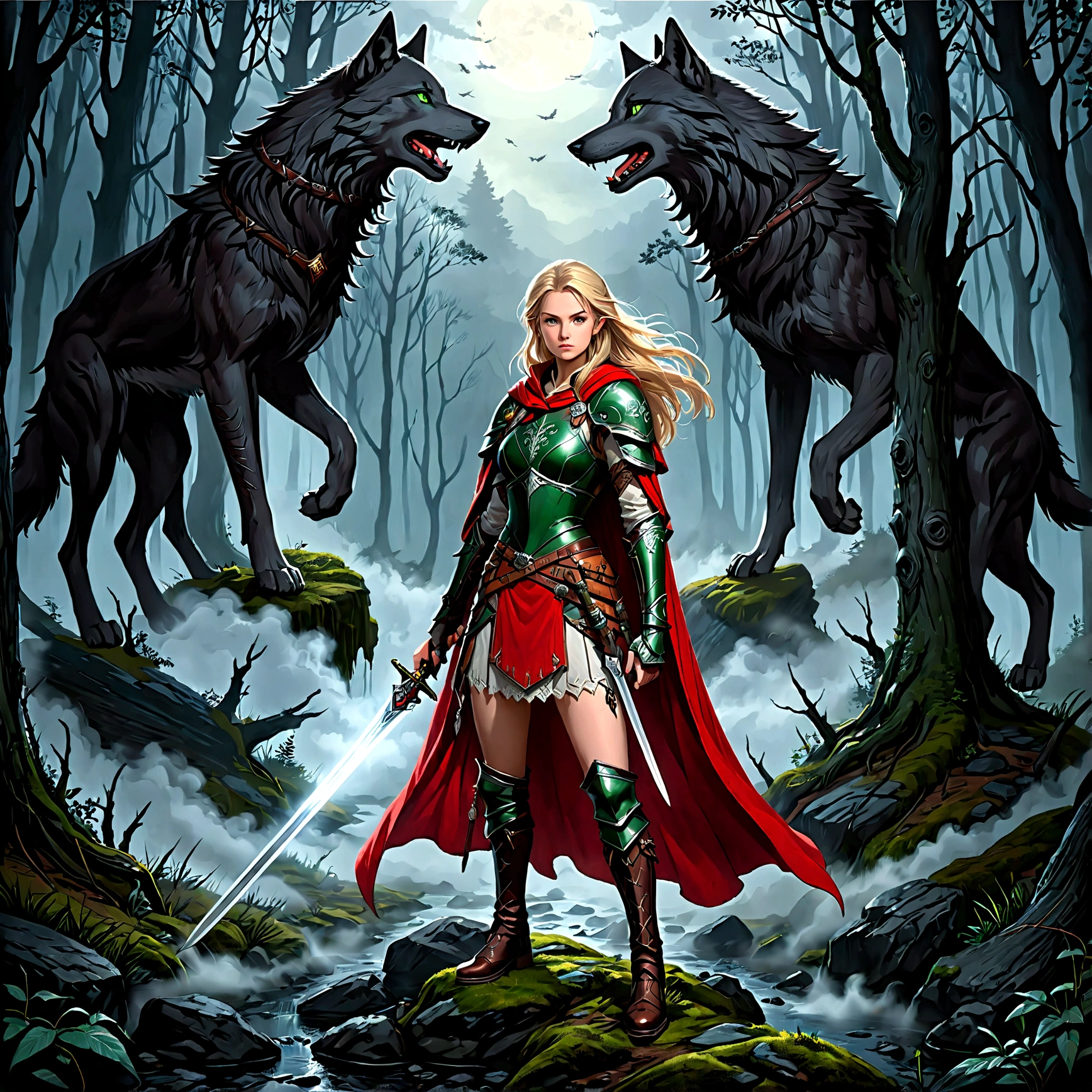 fantasy art, RPG art, Dark fantasy art, ultra wide shot, RAW, photorealistic, a picture of (1single: 1.5) female human ranger, the ranger, an exquisite beautiful human woman, long blond hair, braided hair, green eyes, wearing leather armor, wearing (red cloak: 1.1), armed with a (sword: 1.3), wearing laced boots, standing in a dark forest at night, (mist rising from the grounds: 1.3), a sense of dread and fear, yet she stands defiant and fearless, there is a wolf companion with her,  dark fantasy forest background, best quality, 16k, [ultra detailed], masterpiece, best quality, (ultra detailed), full body, ultra wide shot, photorealism, Sword and shield, dark novel