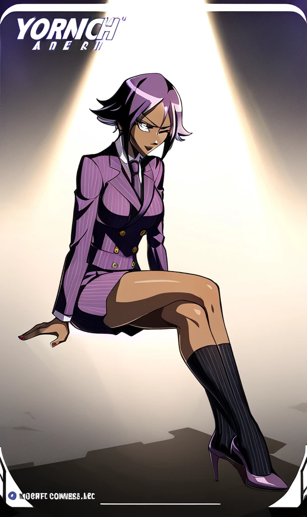  Full body Yoruichi as a thin Black business woman in a double breasted pinstripe purple  skirt suit while wearing a tie with a very long purple pinstripe skirt that covers the legs and with long black knee socks full art and make her sit down also give her thin legs and purple heels