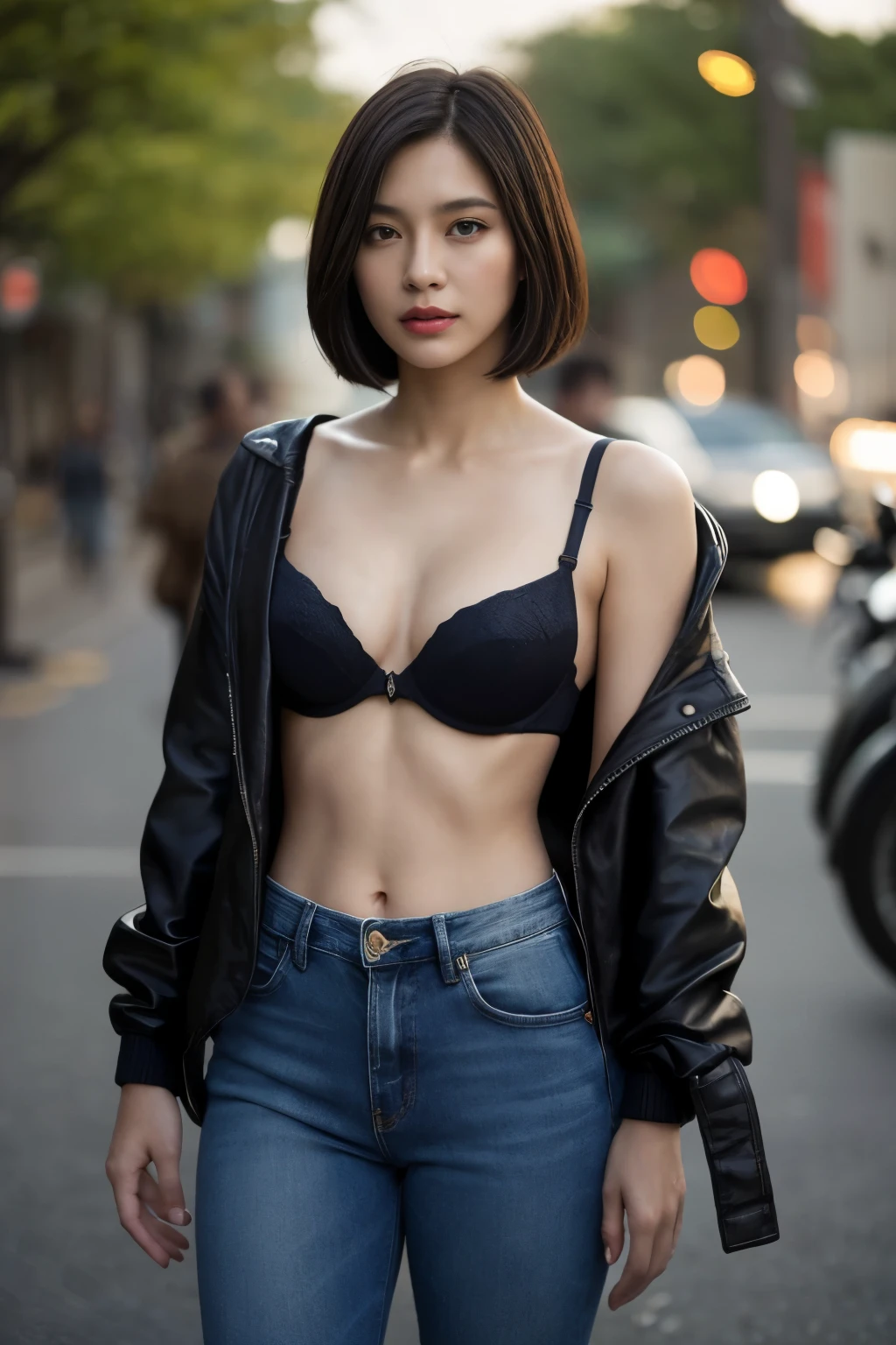 (colored picture), Photo realistic of beautiful asian、slender abs, (Dark brown bob haircut), medium breast, round shape breast, perfect shape breast,((dark black fabric bra )),((wearing biker jacket and biker suits, deep neck line, police badge)), ((wear jeans)), As she confidently posing for camera, , the background is a blur of motion and ((bokeh)), with light streaming from right to left. a sense of connection to the viewer, full body, raining