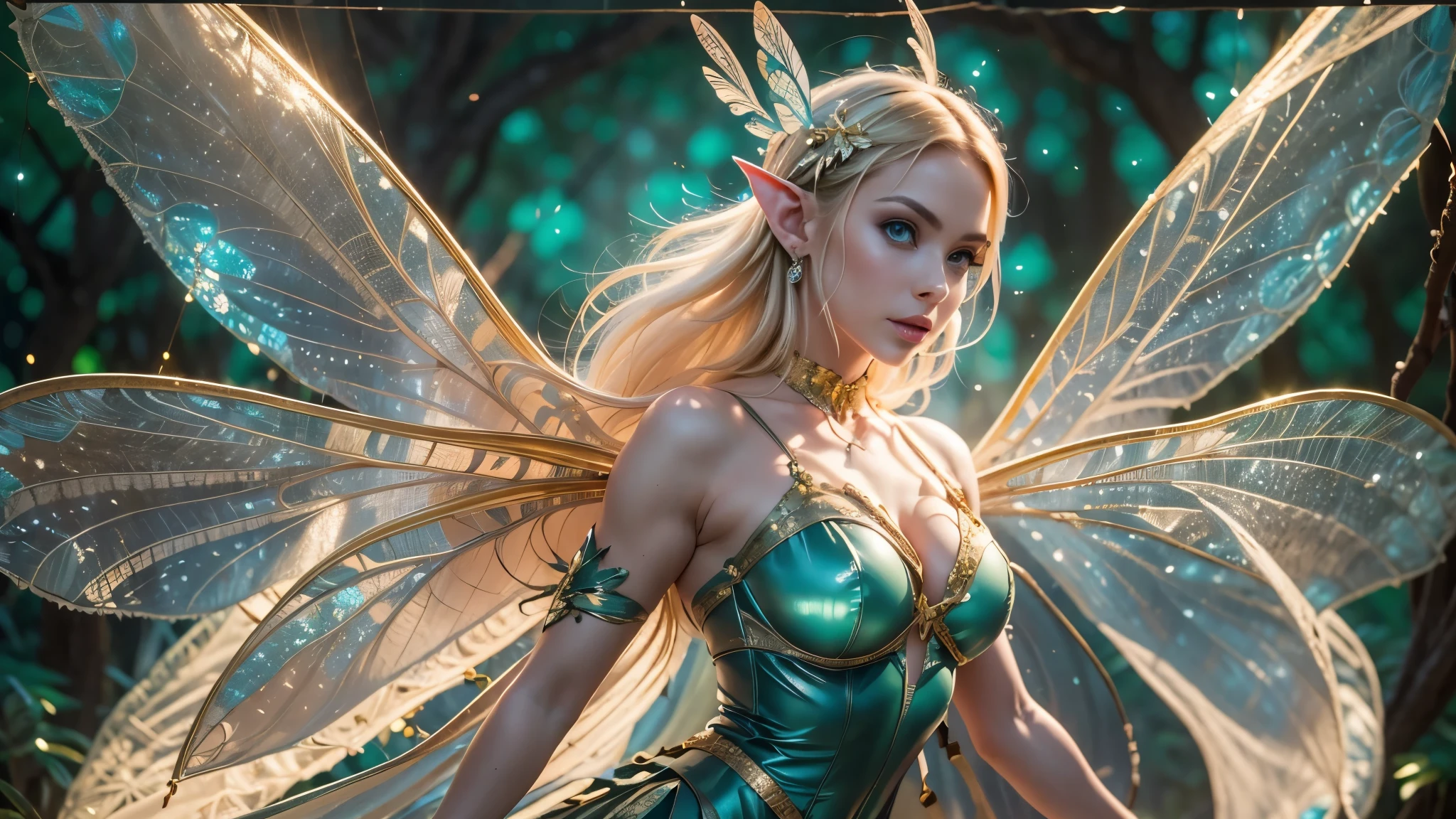 Beautiful faerie woman, elf ear, flying, centered holographic dragonfly wings, glowing blue eyes, detailed proportional hand, proportional body, firm breast, silk tutu, frank Frazzetta painting style, (Best Quality:1.4), (Ultra-detailed), (extremely detailed CG unified 8k wallpaper), Highly detailed, RAW Photos, Professional Photography, plein air, Illumination, (Super fancy photos:1.4), (Dazzling light), Radiant Photography, depth of fields