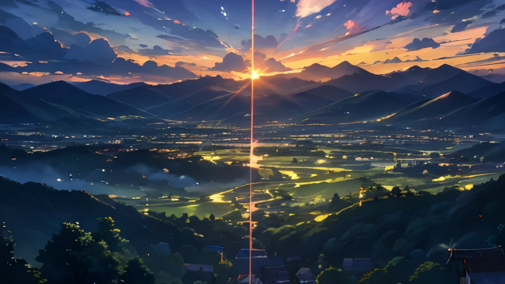 Anime Style,evening,eveningの空,Mountain々,Surrounded by clouds,Green fields and forests,Beautiful sky,Beautiful views