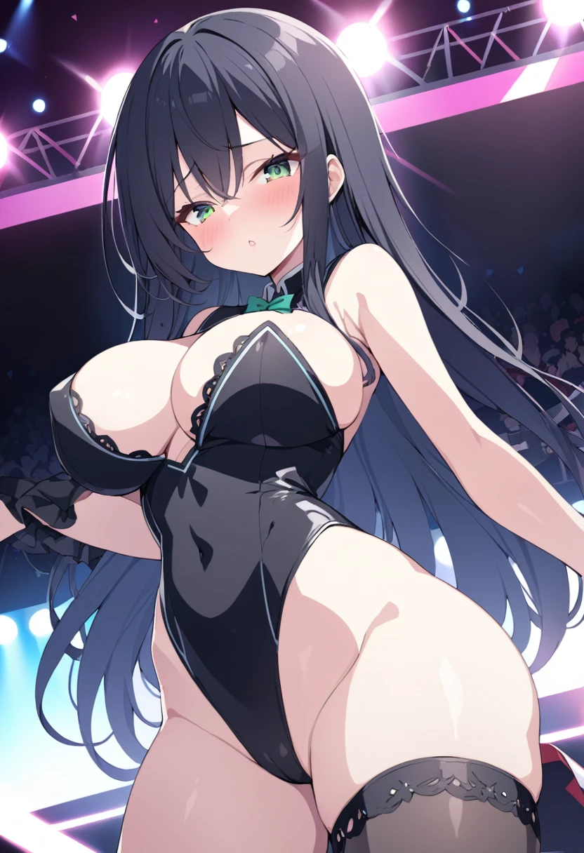 green eyes, long hair, black hair,,, large breasts, live stage, solo, nsfw