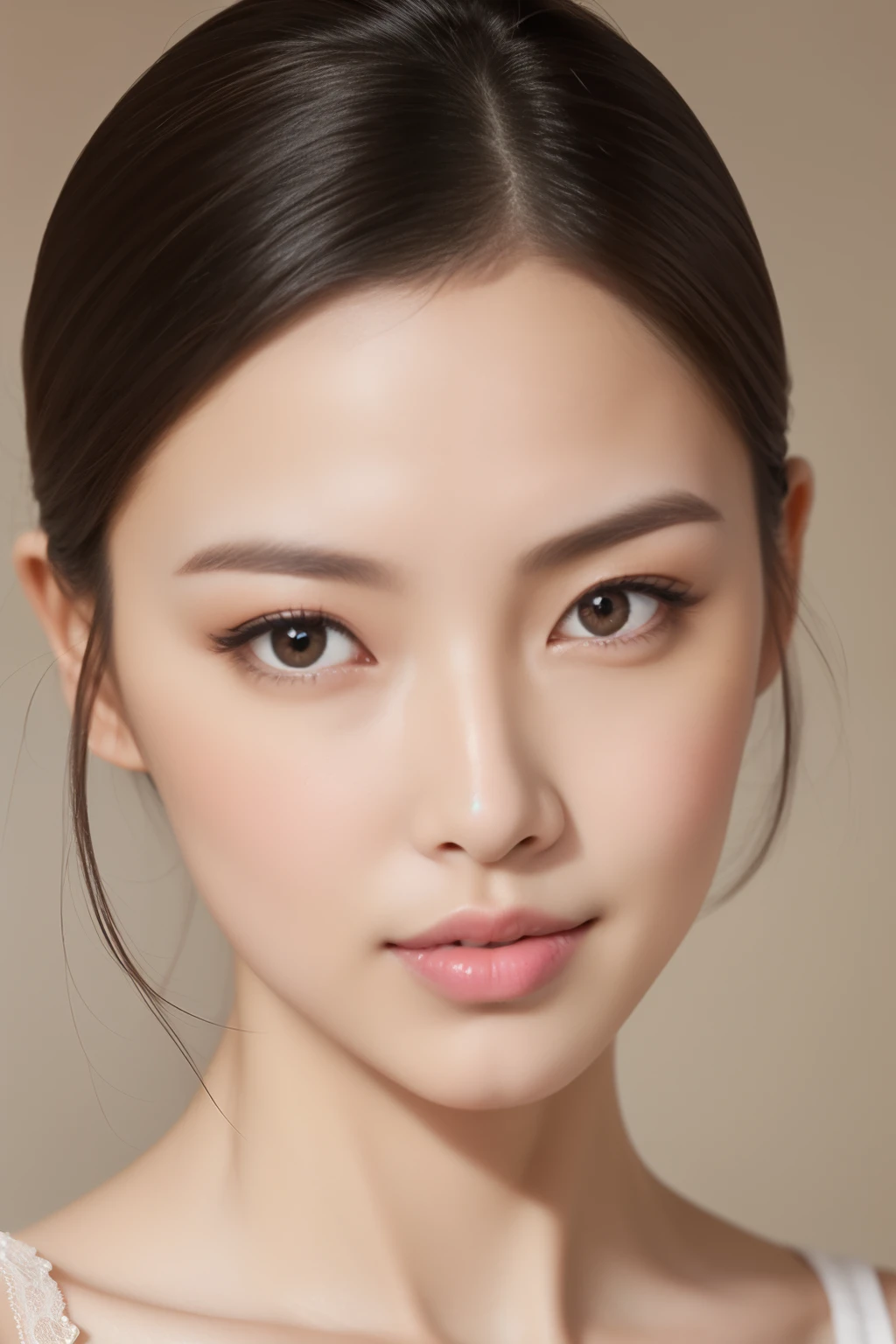 Create a (( mid-shot )) photorealistic image of a beautiful Asian woman with fair, smooth, flawless skin. She has large, round, sparkling eyes with naturally long and curled eyelashes, and well-defined, dark eyebrows. Her nose is straight and high, and her naturally pink, soft lips form a gentle smile. She has short, slightly curled brown hair that highlights her delicate facial features. Her face is oval-shaped, with a wide and high forehead, moderately high cheekbones, and a pointed, slender chin. She is wearing a white bra that complements her elegant and feminine appearance. (( waist to top))