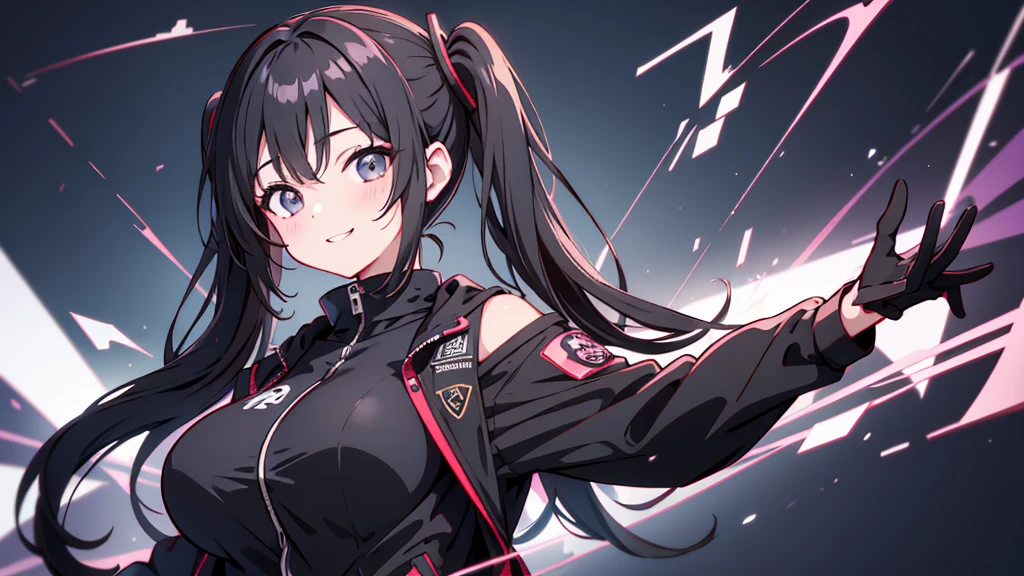 masterpiece,anime style,chibi,sexy girl,black hair,shoulder length hair with two pigtails,black jacket,with headphones,lo fi background,smiling,big breasts,listening to music,waiting on the right side of the image,