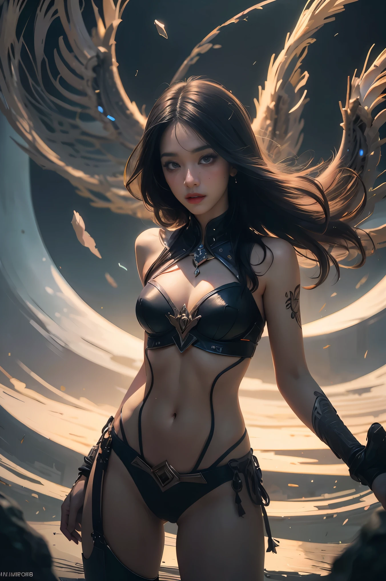 ((masterpiece, best quality)), ultra detailed 8k, photorealistic, sharp focus, highly detailed, professional lighting , shad0wmancer, photo of a woman, ink, ((swirling black ink floating around)), futuristic fantasy, bikini, dynamic pose, realistic, masterpiece, intricate details, detailed background, depth of field,