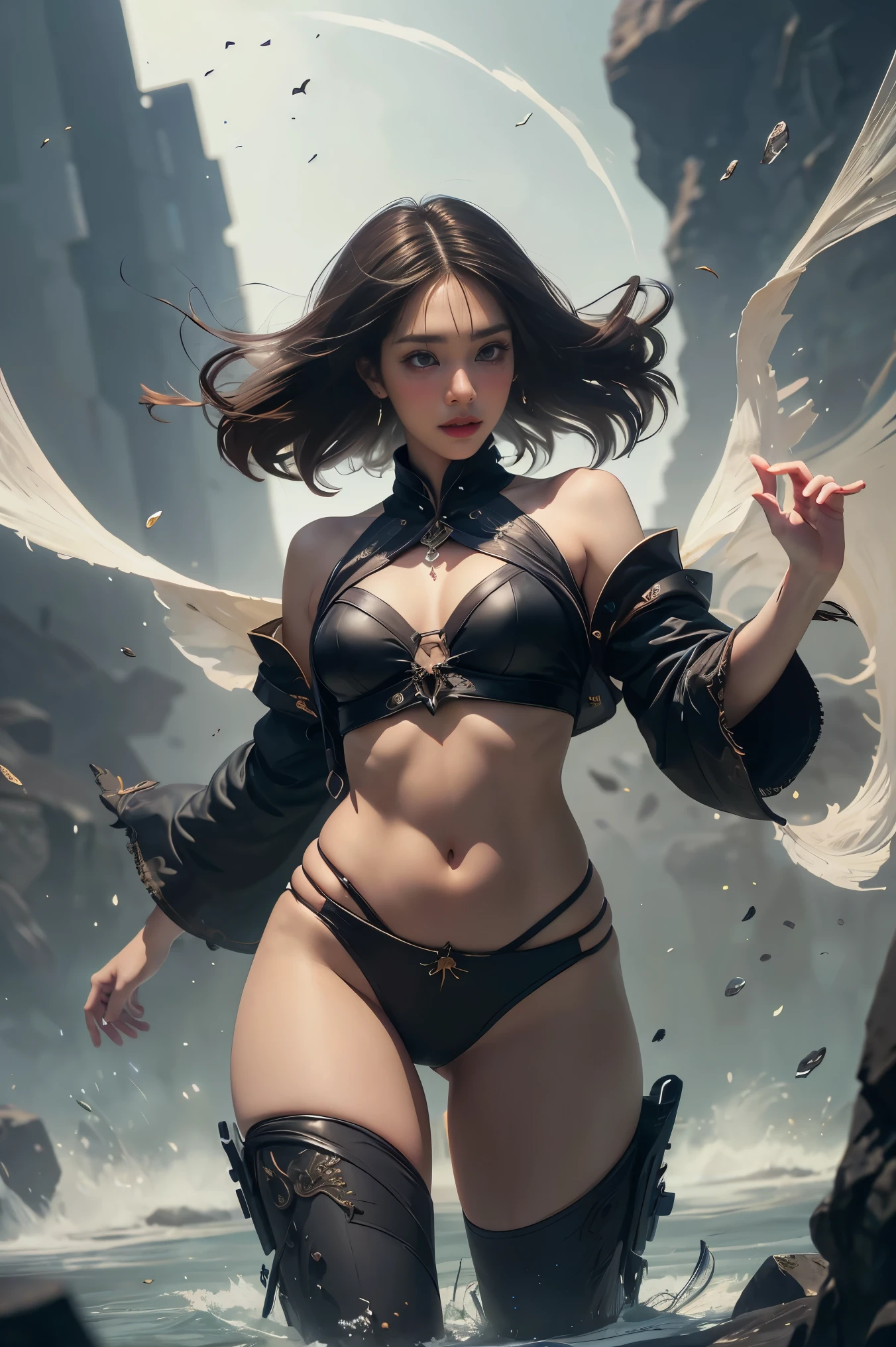 ((masterpiece, best quality)), ultra detailed 8k, photorealistic, sharp focus, highly detailed, professional lighting , shad0wmancer, photo of a woman, ink, ((swirling black ink floating around)), futuristic fantasy, bikini, dynamic pose, realistic, masterpiece, intricate details, detailed background, depth of field,