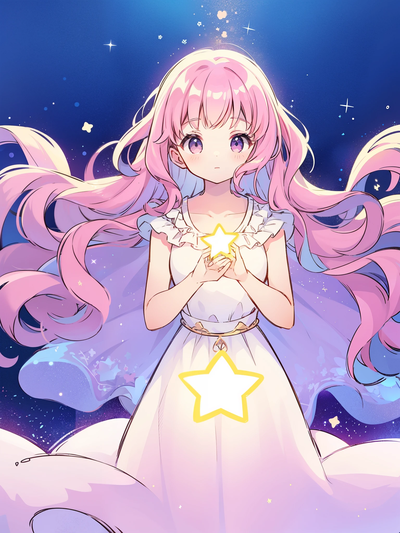 complex background, wishing star background, gradient wavy hair, a woman wearing an ethereal mystical pink translucent dress that reflects the stars, complex drawing, highly detailed, starry night, midjourney style