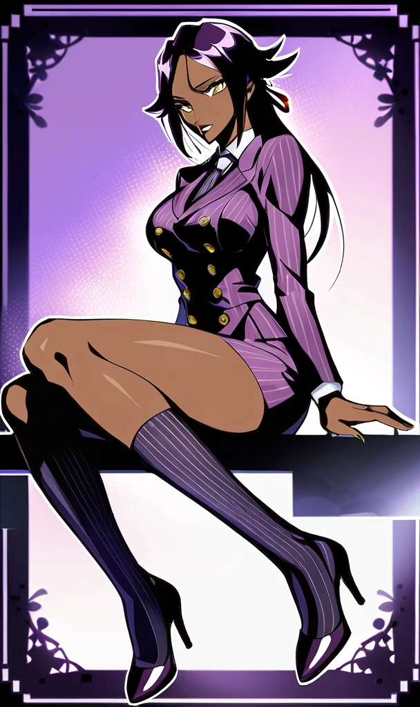 Full body Yoruichi as a thin Black business woman in a double breasted pinstripe purple skirt suit while wearing a tie with a very long purple pinstripe skirt that covers the legs and with long black knee socks full art and make her sit down also give her thin legs and purple heels