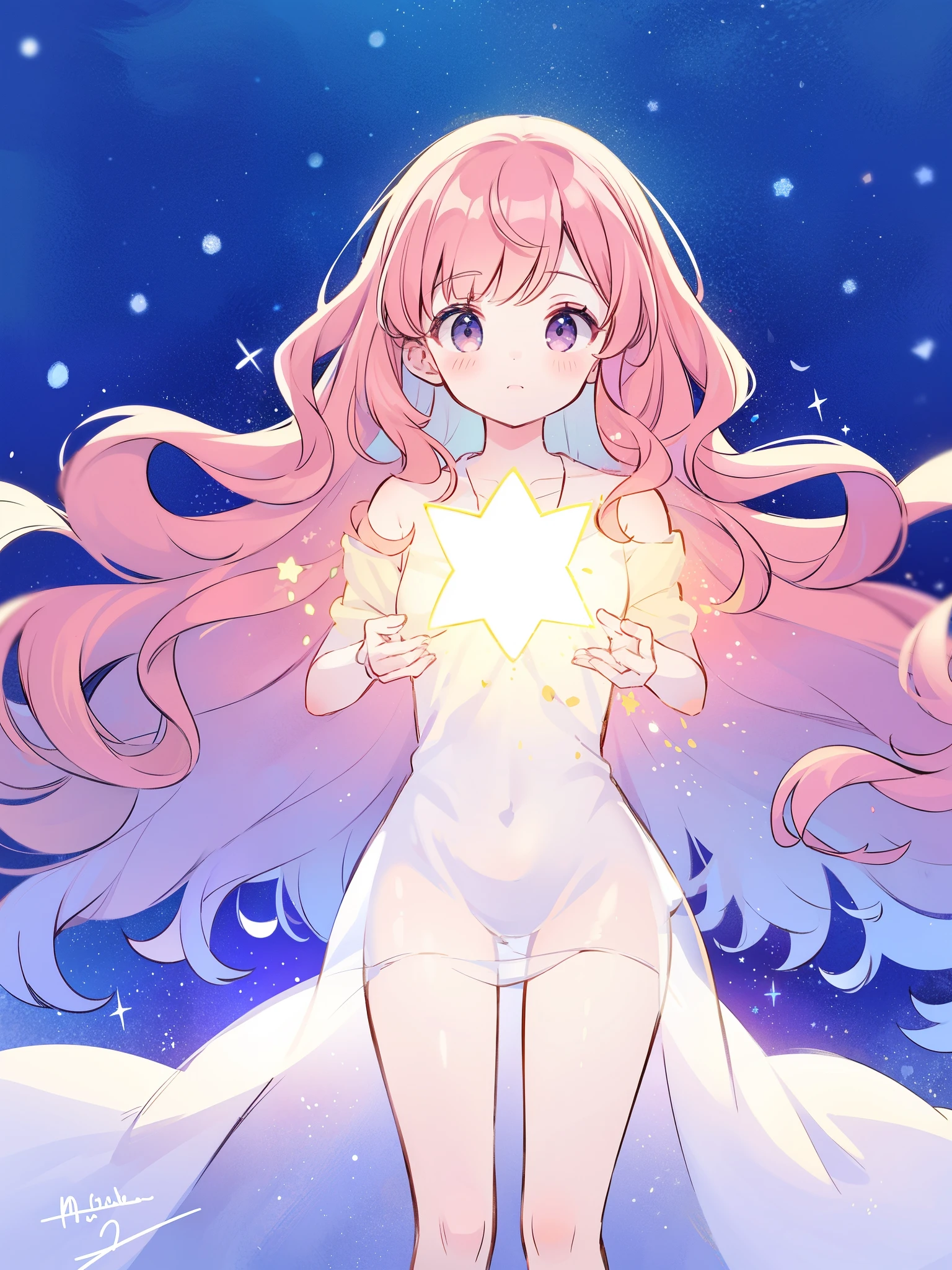 complex background, wishing star background, gradient wavy hair, a woman wearing an ethereal mystical pink translucent dress that reflects the stars, complex drawing, highly detailed, starry night, midjourney style