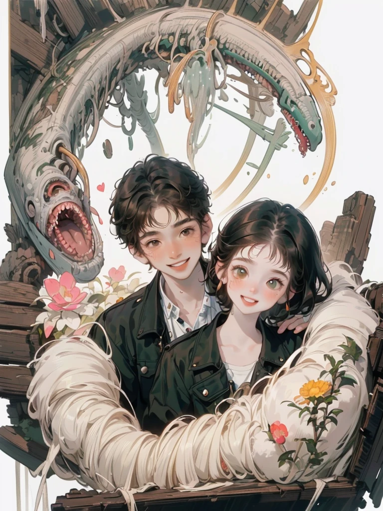 (((photographic, photo, photogenic))), extremely high quality high detail RAW color photo, Lovecraftian cybernetic horror, watercolor, otherworldly textures , high quality, detailed, 
young man , 4K UHD, super detail, best quality, detailed eyes, masterpiece, couple (girl andyoung man)who smile at each other with a love atmosphere , ((the young man ,21years old and has a white straight short hair and green beautifull eyes this men smiles a sweet smile with quiet expression and beautiful smile and he wears a cute outfit)), (( the girl is 18 years old , very long black hair , brown eyes , wears a black jacket)) the girle is quite and serious expression will the man is cute and soft