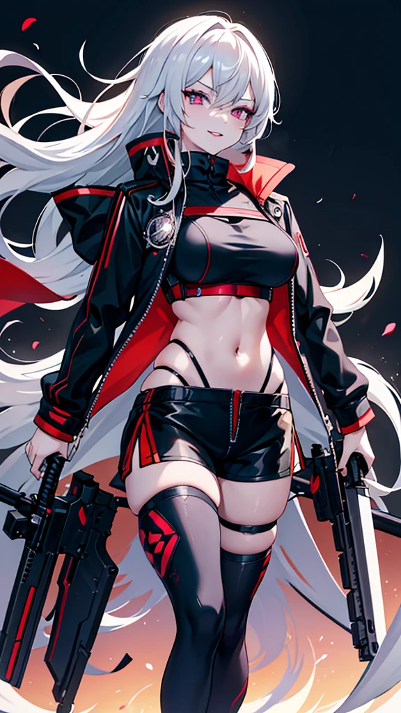anime girl with white hair and black outfit standing in front of a futuristic background, best anime 4k konachan wallpaper, from girls frontline, from arknights, badass anime 8 k, azur lane style, female action anime girl, rogue anime girl, anime style 4 k, guweiz on pixiv artstation, guweiz on artstation pixiv, katana sword, cyberpunk vibe, Masterpiece of enigmatic allure, NSFW, Dark, Seductive pose, Seductive smile, Seductive pose, A stylish and elegant East Asian girl with platinum blonde hair and striking makeup, posing confidently in a black bra and matching hot pant shorts, different length tights, topped off with an unzipped white jacket. Exposed nipple slip, Red Lips, Vibrant background.