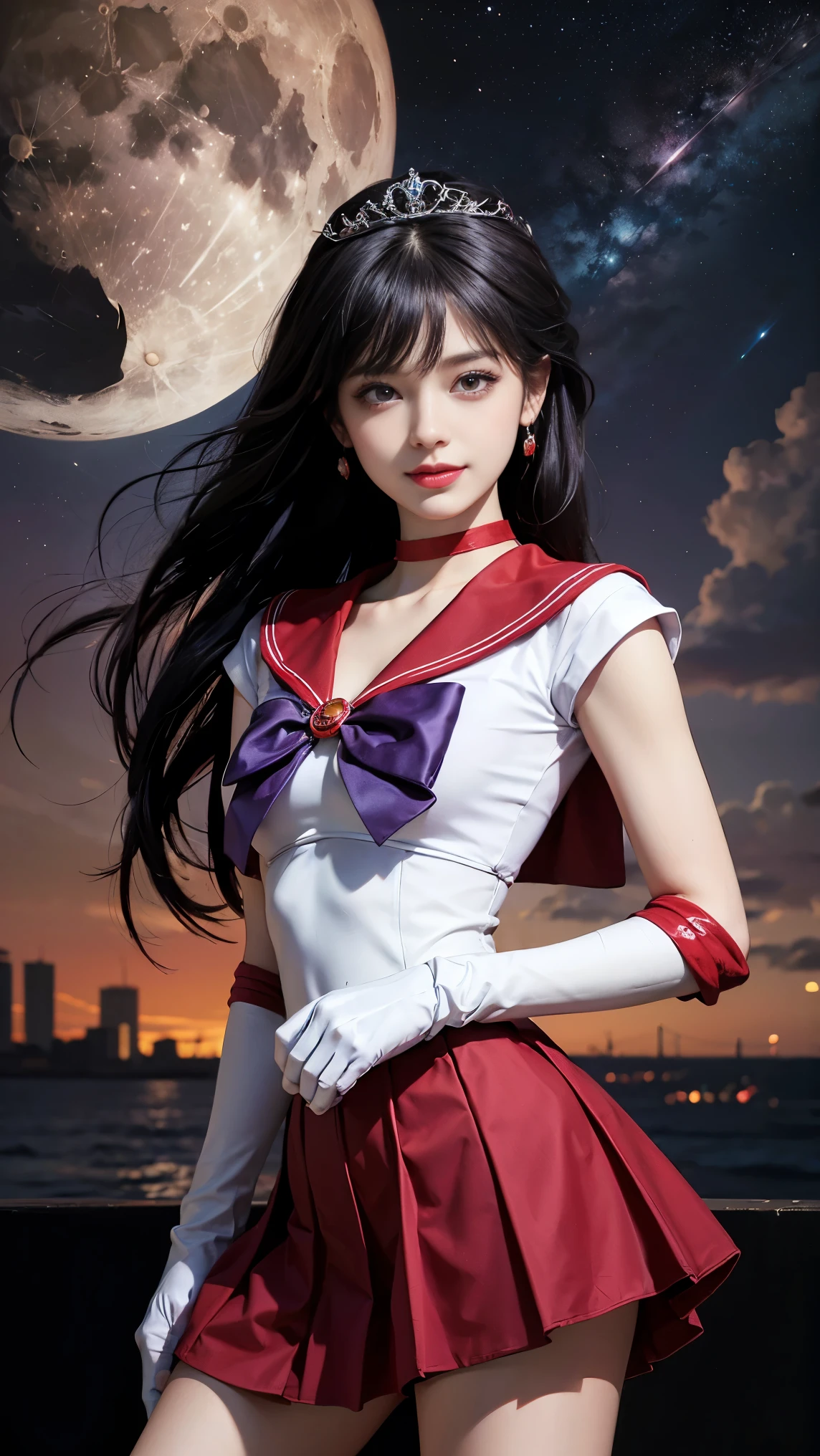 1 girl,long hair, (high quality,8K,black hair, realistic, 最high quality, purple dyed hair, purple hair, lumasterpiece,Super detailed, disorganized)1.5,((Summer 1, tiara, Sailor Senshi Uniform, white gloves, Red sailor collar, red skirt)),City of night,white gloves,purple ribbon,purple eye,masterpiece,best quality,highres,sama1,tiara,sailor senshi uniform,white gloves,red sailor collar,red skirt,star choker,elbow gloves,pleated skirt,bare legs,purple bow,space,moon,cowboy shot,smile,flame bow, 