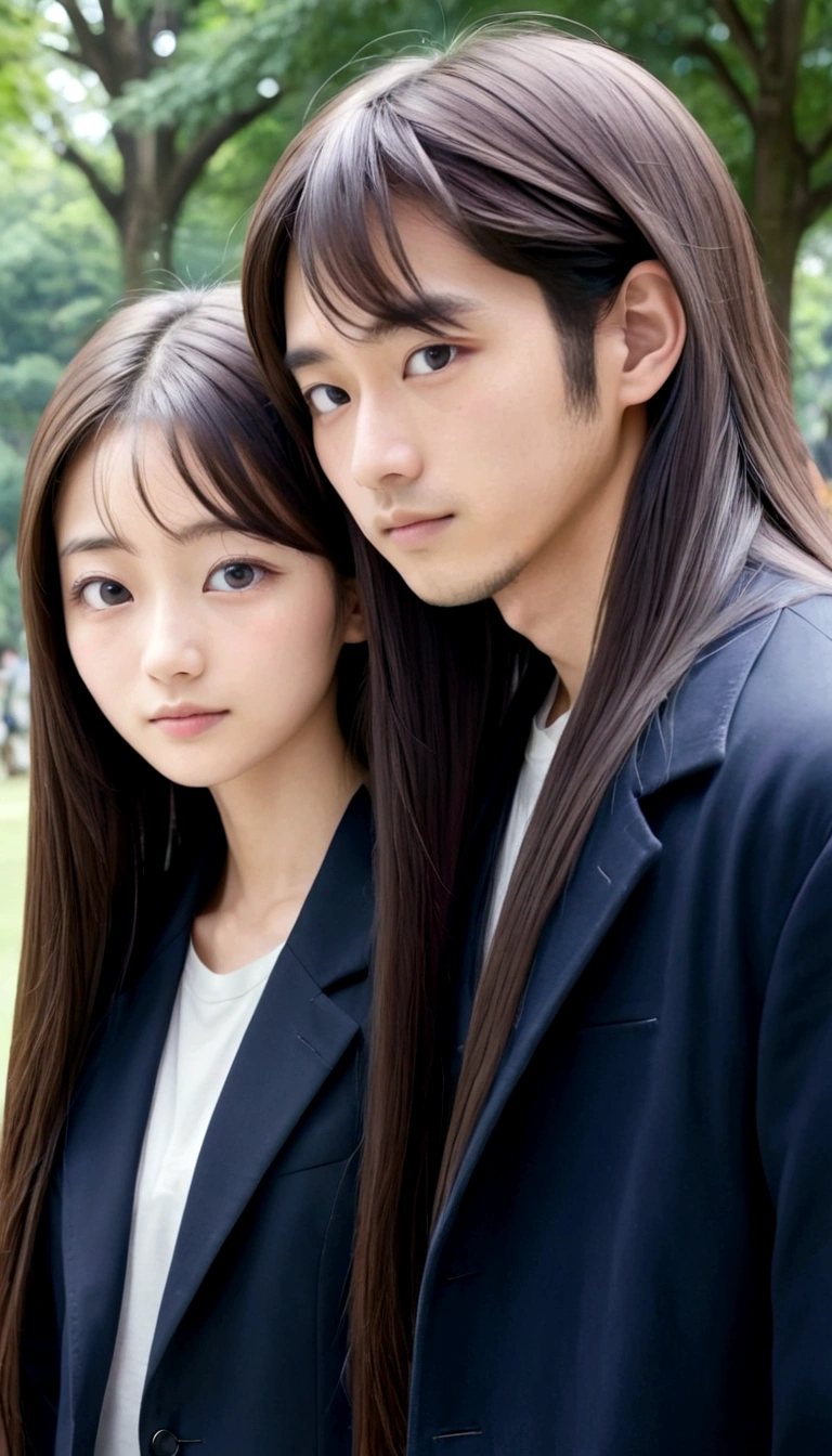 male and 18 year old female, Asian woman with straight long hair in a city park、Couple