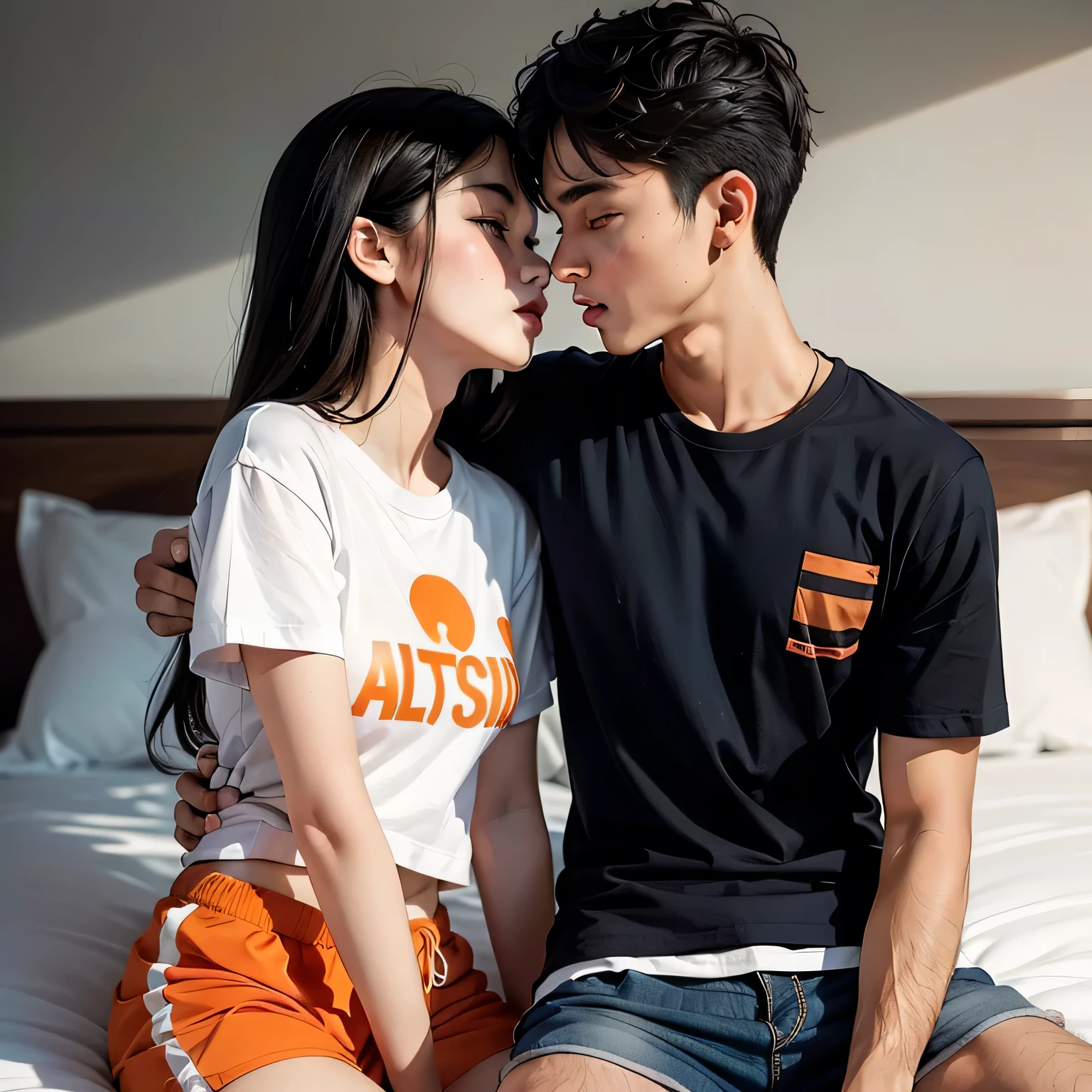 Amazing portrait of a young woman wearing white and orange striped t shirt and orange shorts and young boy wearing a navy blue t shirt and black shorts sitting on a bed together and kissing and making out passionately in a sexy and hot and lustful setting