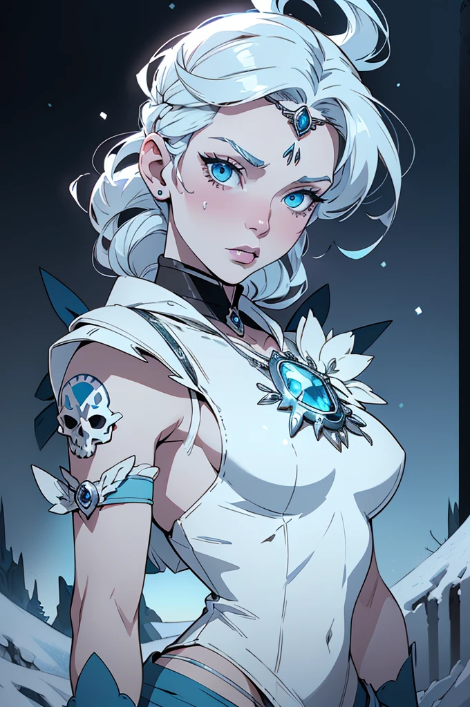 ((best quality)), ((official art)), ((masterpiece)), textile shading, ((ultra-detailed)), solo, full color, (1girl, solo, bssmsuperoutfit, circlet, white leotard,,blue sailor collar, sleeveless, heart brooch, miniskirt, white gloves, hairstyle, hairlength , detailed face, (full body:1.1)), (in nature) (best quality, highres, ice skull:1.1), ice skull, girl style, thick body art, detailed facial features, icy blue eyes, glossy lips, long eyelashes, porcelain skin, blue and silver color scheme, intricate skull design, realistic texture, vibrant colors, elaborate background, mysterious atmosphere, frozen garden, snow-covered trees, sparkling ice crystals, surreal lighting, fantasy elements