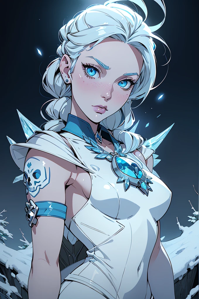 ((best quality)), ((official art)), ((masterpiece)), textile shading, ((ultra-detailed)), solo, full color, (1girl, solo, bssmsuperoutfit, circlet, white leotard,,blue sailor collar, sleeveless, heart brooch, miniskirt, white gloves, hairstyle, hairlength , detailed face, (full body:1.1)), (in nature) (best quality, highres, ice skull:1.1), ice skull, girl style, thick body art, detailed facial features, icy blue eyes, glossy lips, long eyelashes, porcelain skin, blue and silver color scheme, intricate skull design, realistic texture, vibrant colors, elaborate background, mysterious atmosphere, frozen garden, snow-covered trees, sparkling ice crystals, surreal lighting, fantasy elements