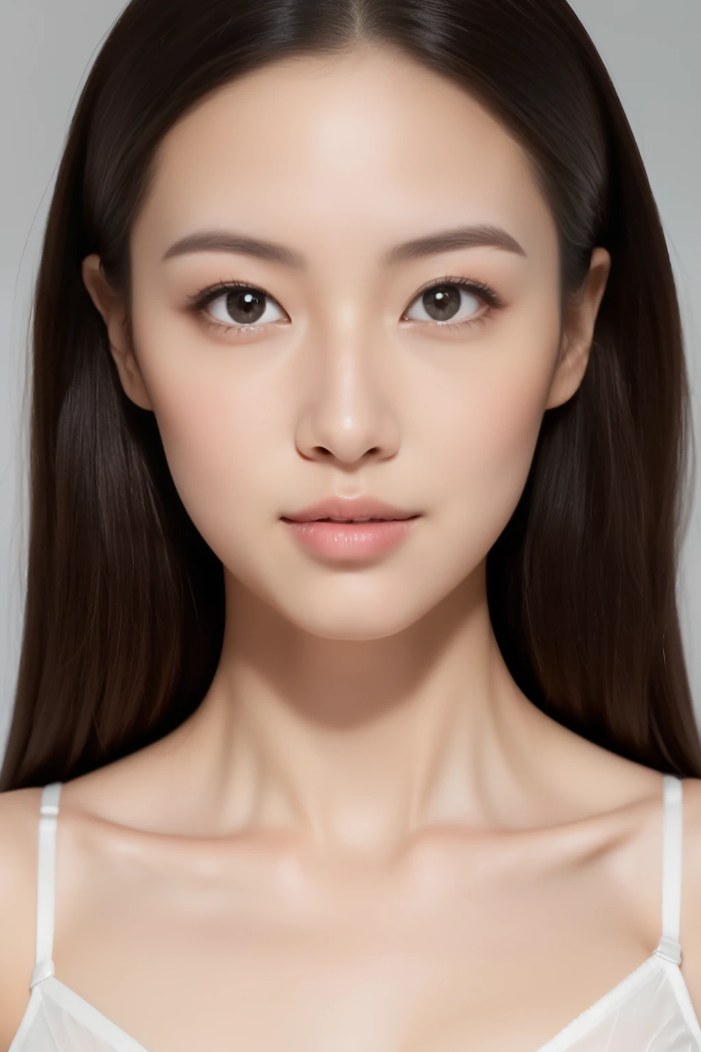 Create a (( mid-shot )) photorealistic image of a beautiful Asian woman with fair, smooth, flawless skin. She has large, round, sparkling eyes with naturally long and curled eyelashes, and well-defined, dark eyebrows. Her nose is straight and high, and her naturally pink, soft lips form a gentle smile. She has short, slightly curled brown hair that highlights her delicate facial features. Her face is oval-shaped, with a wide and high forehead, moderately high cheekbones, and a pointed, slender chin. She is wearing a white bra that complements her elegant and feminine appearance. (( waist to top))