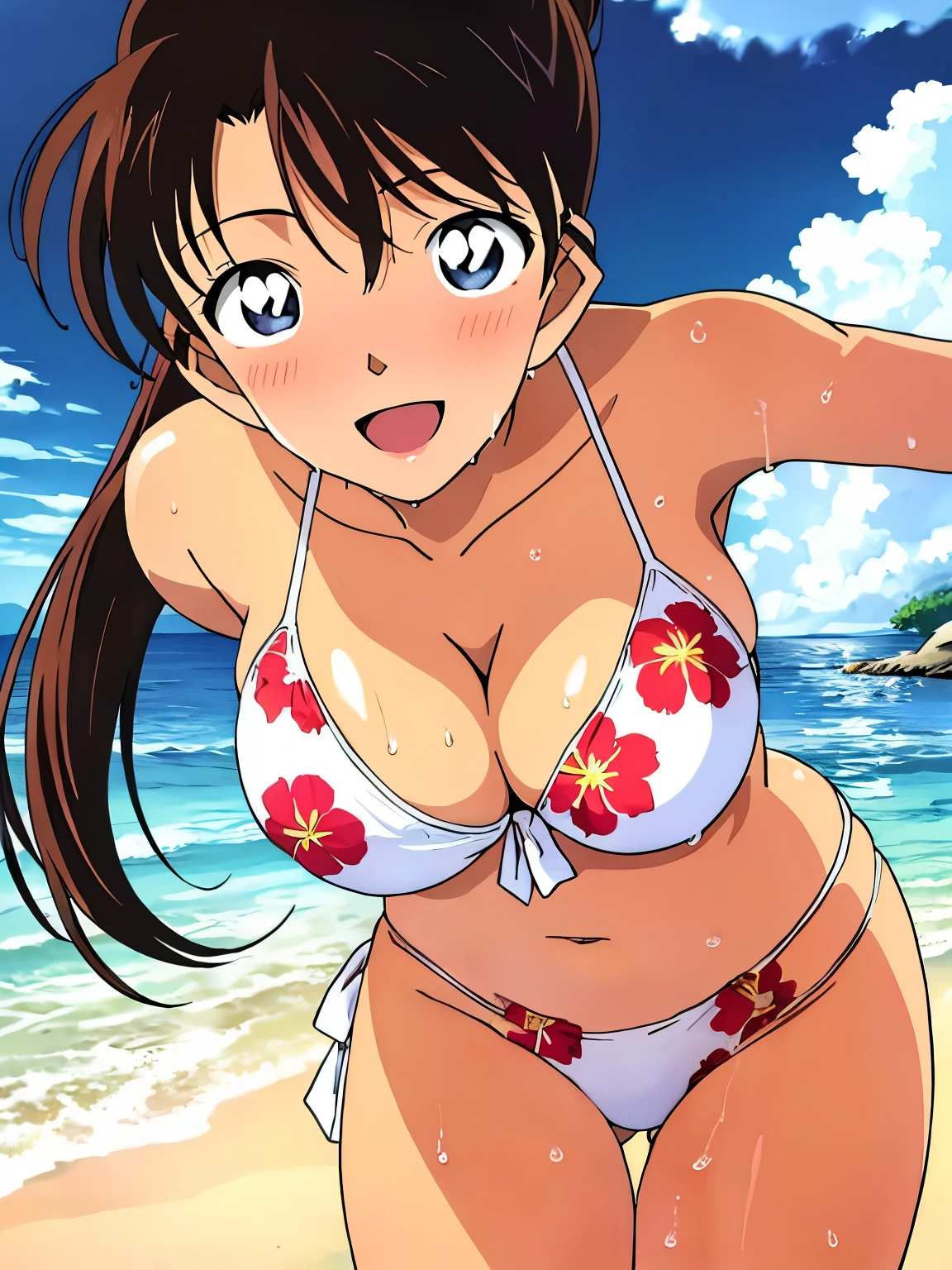 ran, 1girl, solo, long_hair, breasts, looking_at_viewer, smile, open_mouth, blue_eyes, large_breasts, brown_hair, navel, cleavage, collarbone, swimsuit, :d, bikini, outdoors, sky, day, cloud, water, leaning_forward, ocean, white_bikini, beach, floral_print, tan, print_bikini, (masterpiece:1.2, highest quality), (16K color illustrations,Realistic,Beautiful anime images), (looking at viewer,whole body),bangs, Large Breasts,Beautiful Lips,Beautiful Hair, Beautiful Face, Beautiful details, Beautiful body, Beautiful breasts, Beautiful thighs, Beautiful legs, Beautiful fingers,((Wet White Micro Bikini)), blush,(View your viewers,ponytail),((Tropical Sea,Swimming in the sea)),(Detailed big and cute eyes),My body is wet from the waves,((blush)),Yellow ribbon hair clip,((Grab your chest)),Armpit,grabbing breast, mori ran