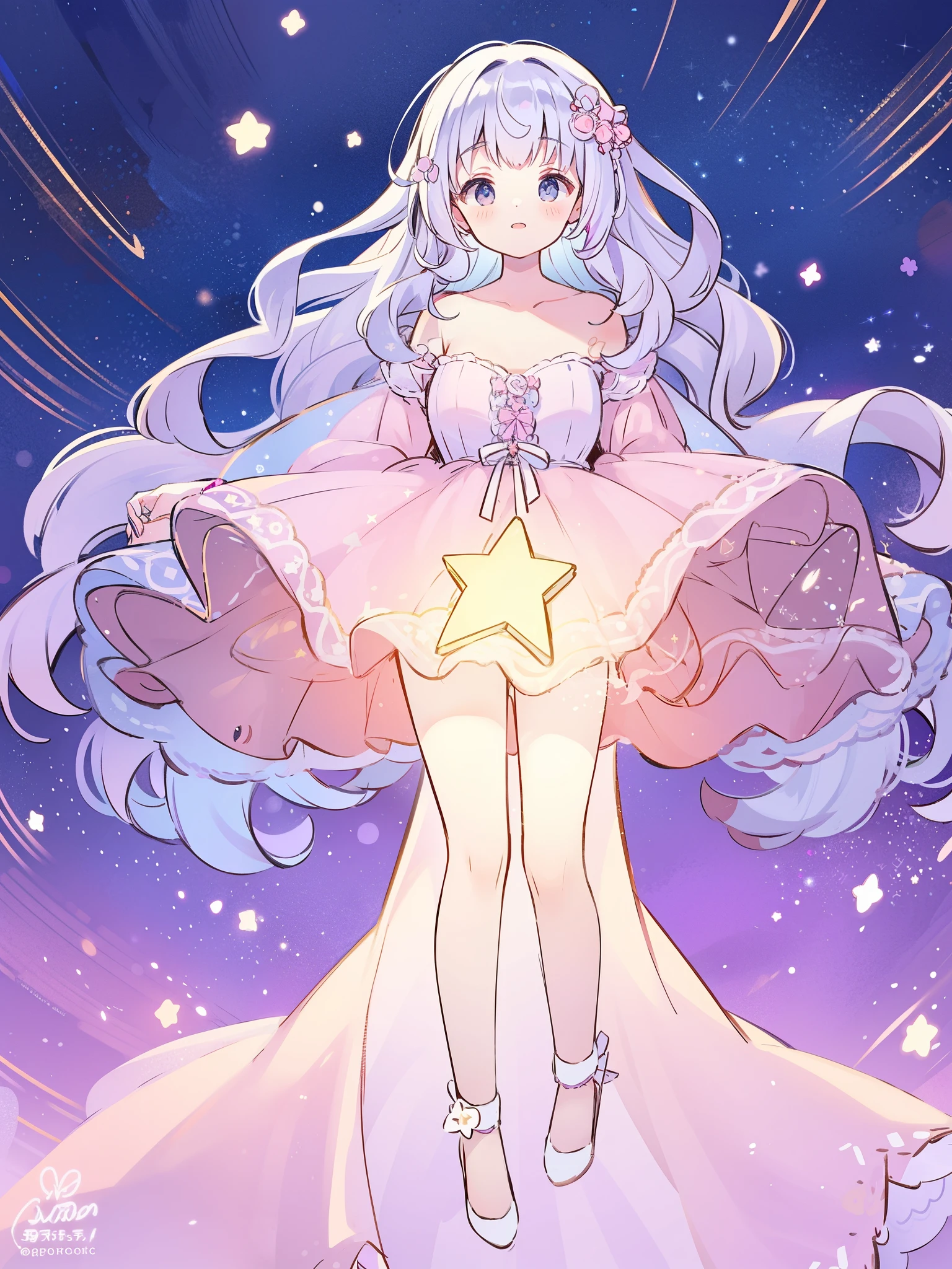 complex background, wishing star background, gradient wavy hair, a woman wearing an ethereal mystical pink translucent dress that reflects the stars, complex drawing, highly detailed, starry night, midjourney style
