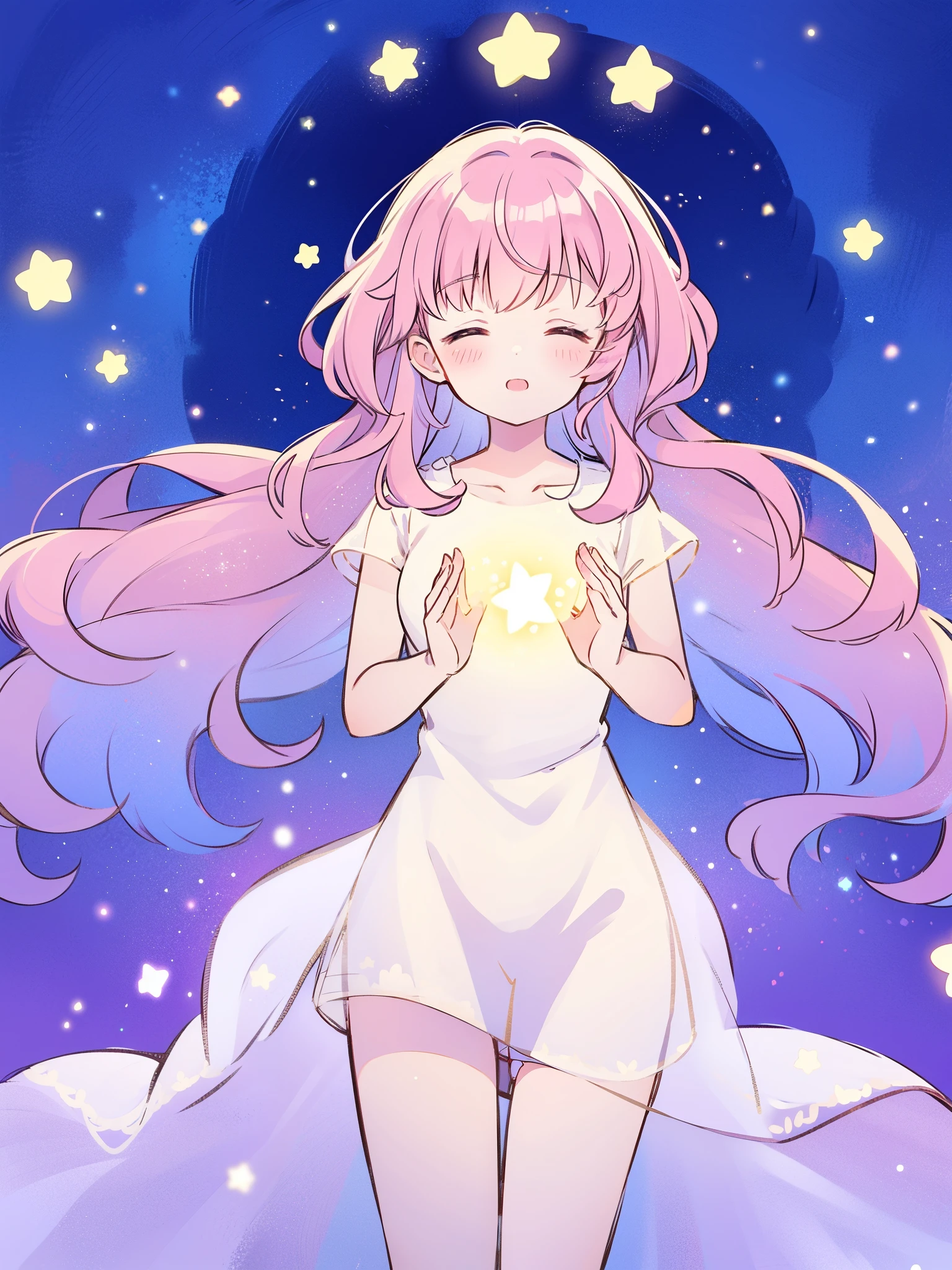 complex background, wishing star background, gradient wavy hair, a woman wearing an ethereal mystical pink translucent dress that reflects the stars, complex drawing, highly detailed, starry night, midjourney style