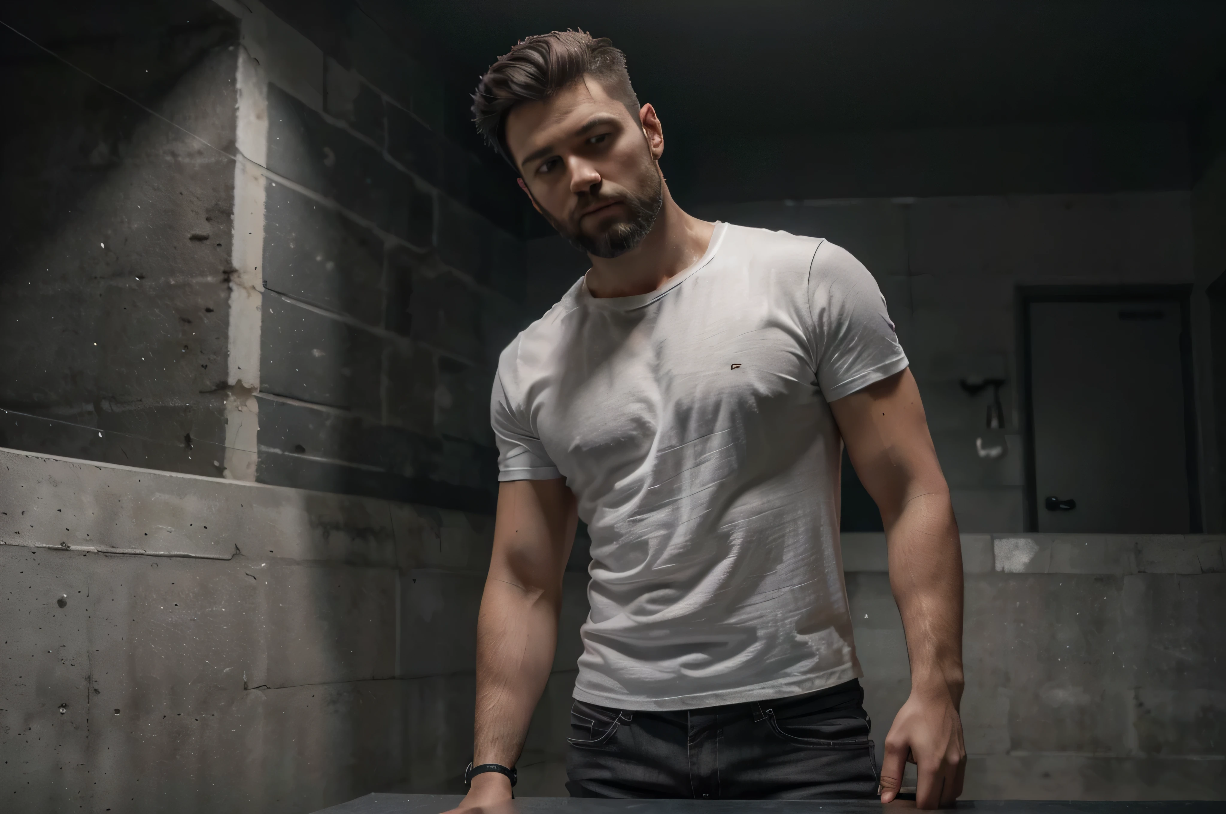 1boy, short hair, (white t-shirt), jeans, beard, wristwatch, (isolated on dark-grey backgroud:1.4), dynamic pose, (soft lighting:1.2), shot on Canon EOS 5D, best quality, ultra high res, (photorealistic:1.4), masterpiece, real life skin, hyper real, perspective