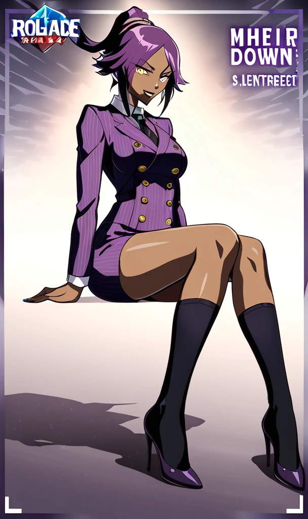  Full body Yoruichi as a thin Black business woman in a double breasted pinstripe purple  skirt suit while wearing a tie with a very long purple pinstripe skirt that covers the legs and with long black knee socks full art and make her sit down also give her thin legs and purple heels