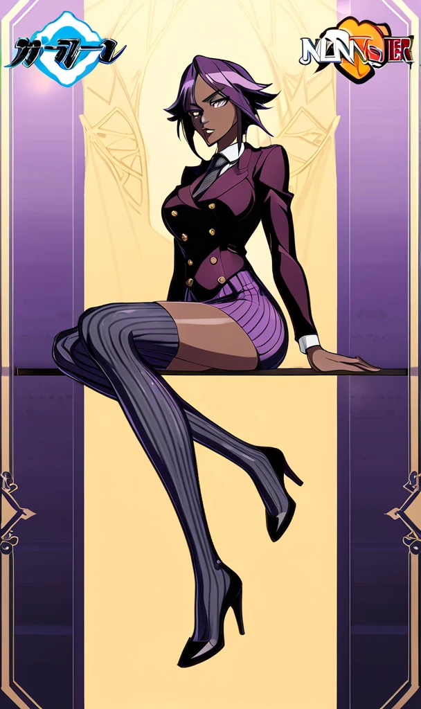 Full body Yoruichi as a thin Black business woman in a double breasted pinstripe purple skirt suit while wearing a tie with a very long purple pinstripe skirt that covers the legs and with long black knee socks full art and make her sit down also give her thin legs and purple heels