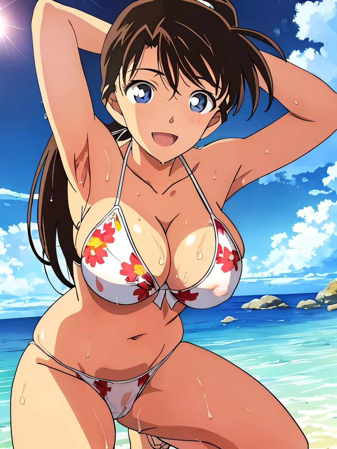 ran, 1girl, solo, long_hair, breasts, looking_at_viewer, smile, open_mouth, blue_eyes, large_breasts, brown_hair, navel, cleavage, collarbone, swimsuit, :d, bikini, outdoors, sky, day, cloud, water, leaning_forward, ocean, white_bikini, beach, floral_print, tan, print_bikini, (masterpiece:1.2, highest quality), (16K color illustrations,Realistic,Beautiful anime images), (looking at viewer,whole body),bangs, Large Breasts,Beautiful Lips,Beautiful Hair, Beautiful Face, Beautiful details, Beautiful body, Beautiful breasts, Beautiful thighs, Beautiful legs, Beautiful fingers,((Wet White Micro Bikini)), blush,(View your viewers,ponytail),((Tropical Sea,Swimming in the sea)),(Detailed big and cute eyes),My body is wet from the waves,((blush)),Yellow ribbon hair clip,((Grab your chest)),Armpit,grabbing breast, mori ran, ((Top Quality, 16k, Masterpiece: 1.3)), inoue takina, -yeld As woman, Beautiful woman with perfect figure: 1.3, (((Black hair)), ((Beautiful breasts: 1.3)), (Shower, cloudy water)), (Transparent underwear and bristles)))), (Bathroom)), ((Pause)), ((Sensual)), ((Squatting, spread your legs)), (Drenched breasts)), (Drenched body)))), (( (soaked pubic hair))), transparent underwear that bites, streaks, hair that covers the beautiful pubic area, takina inoue, Camel toe, protruding pubic hair, pubic area,  Naked, Exposed skin, (Wet skin:1.5), (arms behind head, armpits), BREAK (sea:1.2), beach, (solar:1.2), morning, BREAK looking at viewer, (cowboy shot:1.3), BREAK (masterpiece:1.2), best quality, high resolution, unity 8k wallpaper, (illustration:0.8), (beautiful detailed eyes:1.6), extremely detailed face, perfect lighting, extremely detailed CG, (perfect hands, perfect anatomy), long hair , smile, nipples are exposed, very thin model, anorexic, kneeling in front of the sea,, thin skinny legs, thin waist, massive breasts, bimbo breasts, A light blue bow tied on the chest，pastel blue dress，piles of sleeves，white stockings，White leg rings，Show a small p