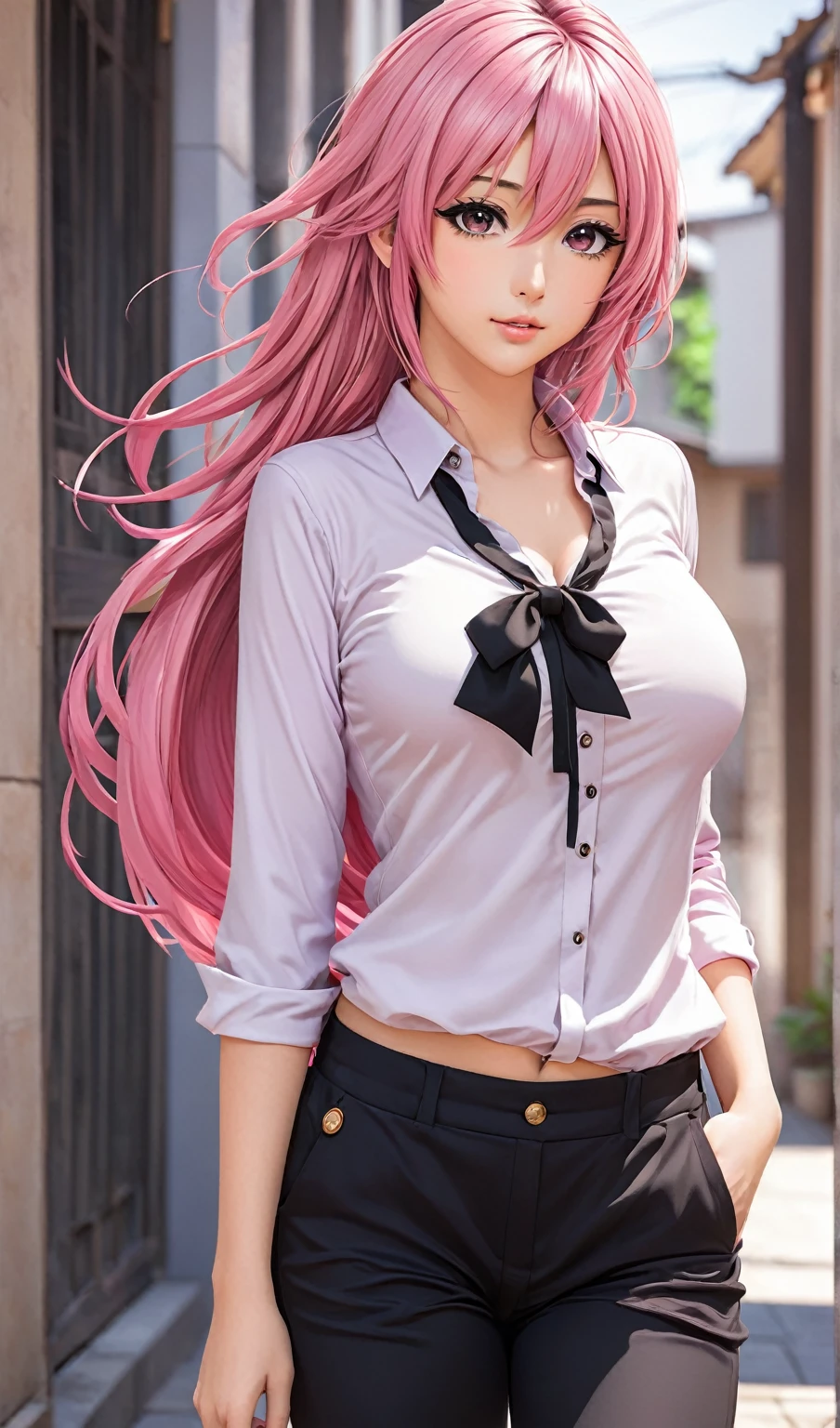 un primer plano de una mujer con un top rosa y pantalones negros, seductive chica anime, attractive chica anime, beautiful chica anime, beautiful mujer anime, chica anime, beautiful alluring mujer anime, mujer anime, hermosa seductora anime adolescente, anime chica tailandesa, pretty chica anime, anime waifu, chica anime with long hair, (chica anime), extremely detailed artistic germ