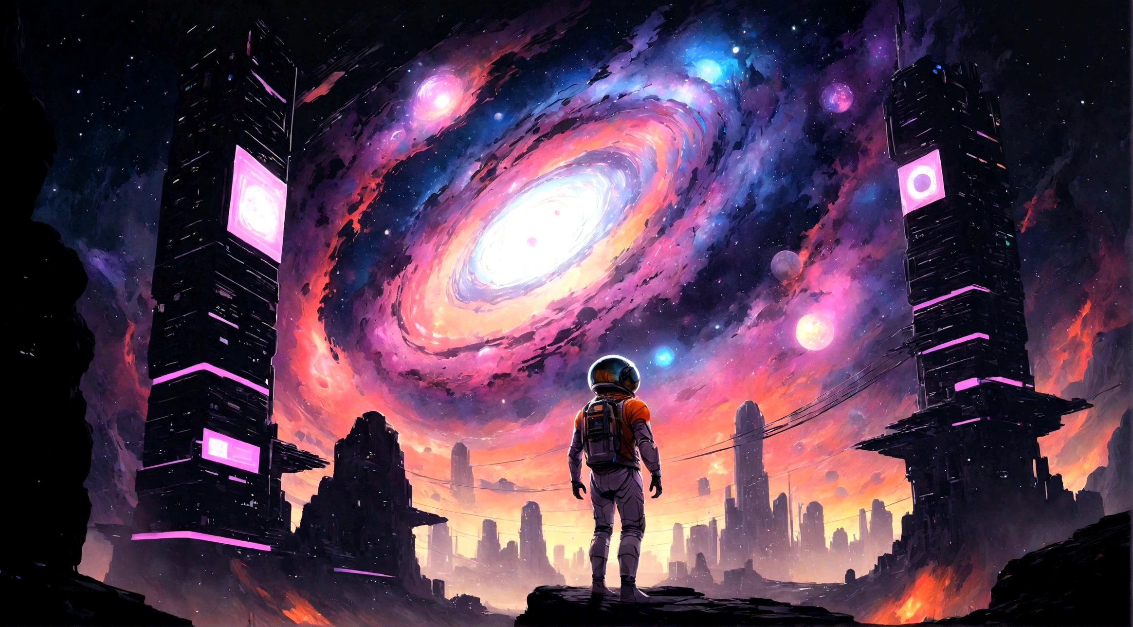 un homme en costume d&#39;astronaute debout sur un rocher regardant une galaxie, Greg Beeple, endless cosmos in the background, inspired by Cyril Rolando, Juste Bartel, chef-d&#39;work of&#39;artgem et de beeple, cyril rolando et m. w kaluta, cyril rolando et m.w kaluta, beeple and jeremie ketner