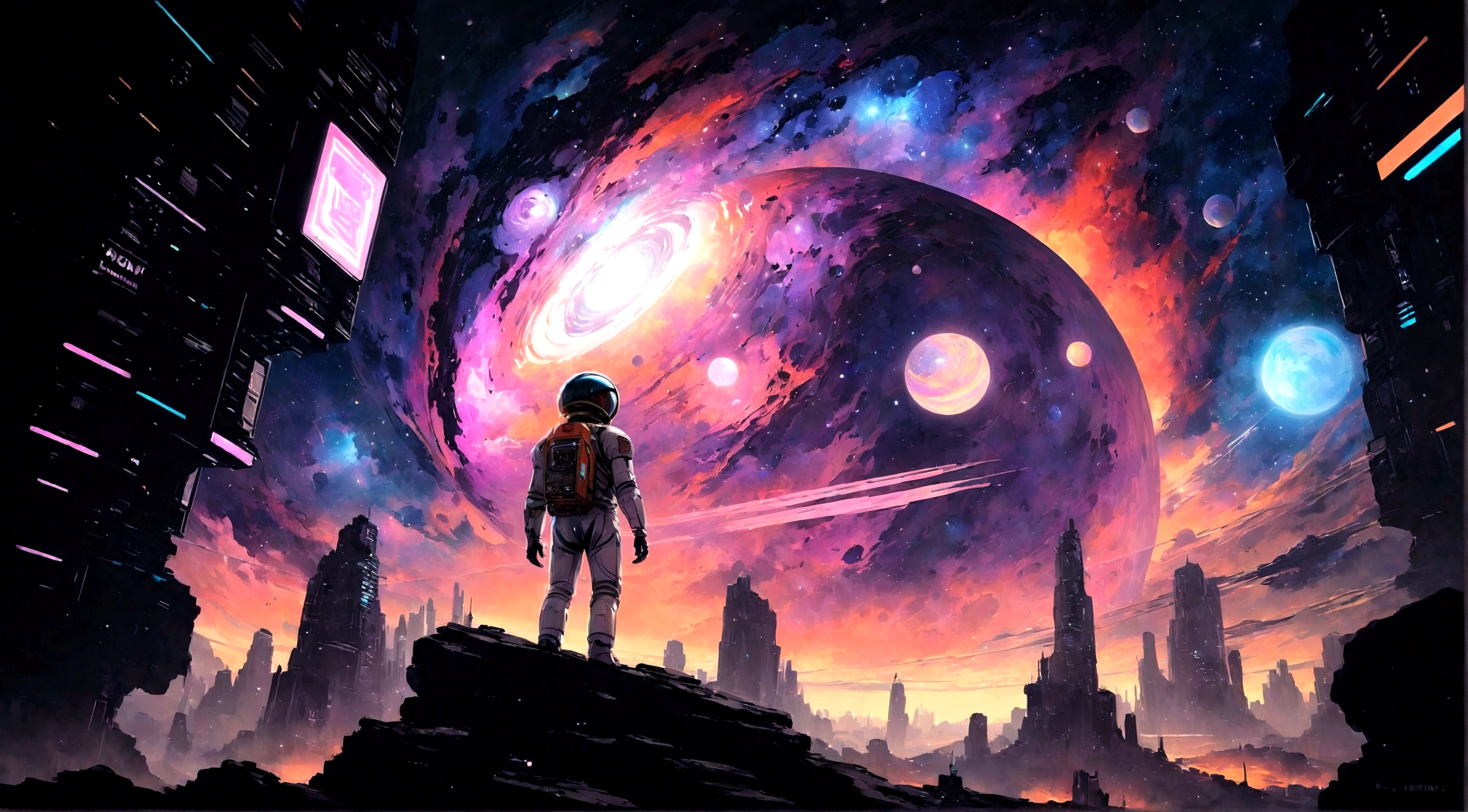 un homme en costume d'astronaute debout sur un rocher regardant une galaxie, Greg Beeple, endless cosmos in the background, inspired by Cyril Rolando, Juste Bartel, chef-d'work of'artgem et de beeple, cyril rolando et m. w kaluta, cyril rolando et m.w kaluta, beeple and jeremie ketner