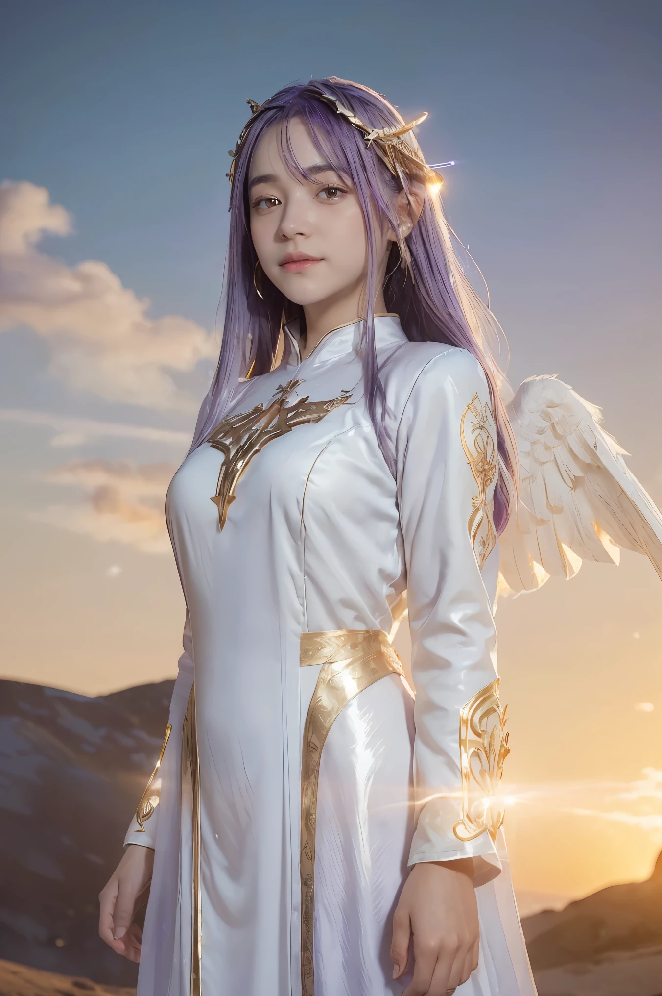 ((masterpiece, best quality, extremely detailed), volumetric lighting, ambient occlusion, colorful, glowing),
1girl, solo, young girl, (purple hair), long hair, halo, aura, sacred, goddess, cleric suit, (white outfit with gold detailst:1.3), angel wings,
outdoors, sunset, sky, clouds, space, (fantasy theme:1.2),
