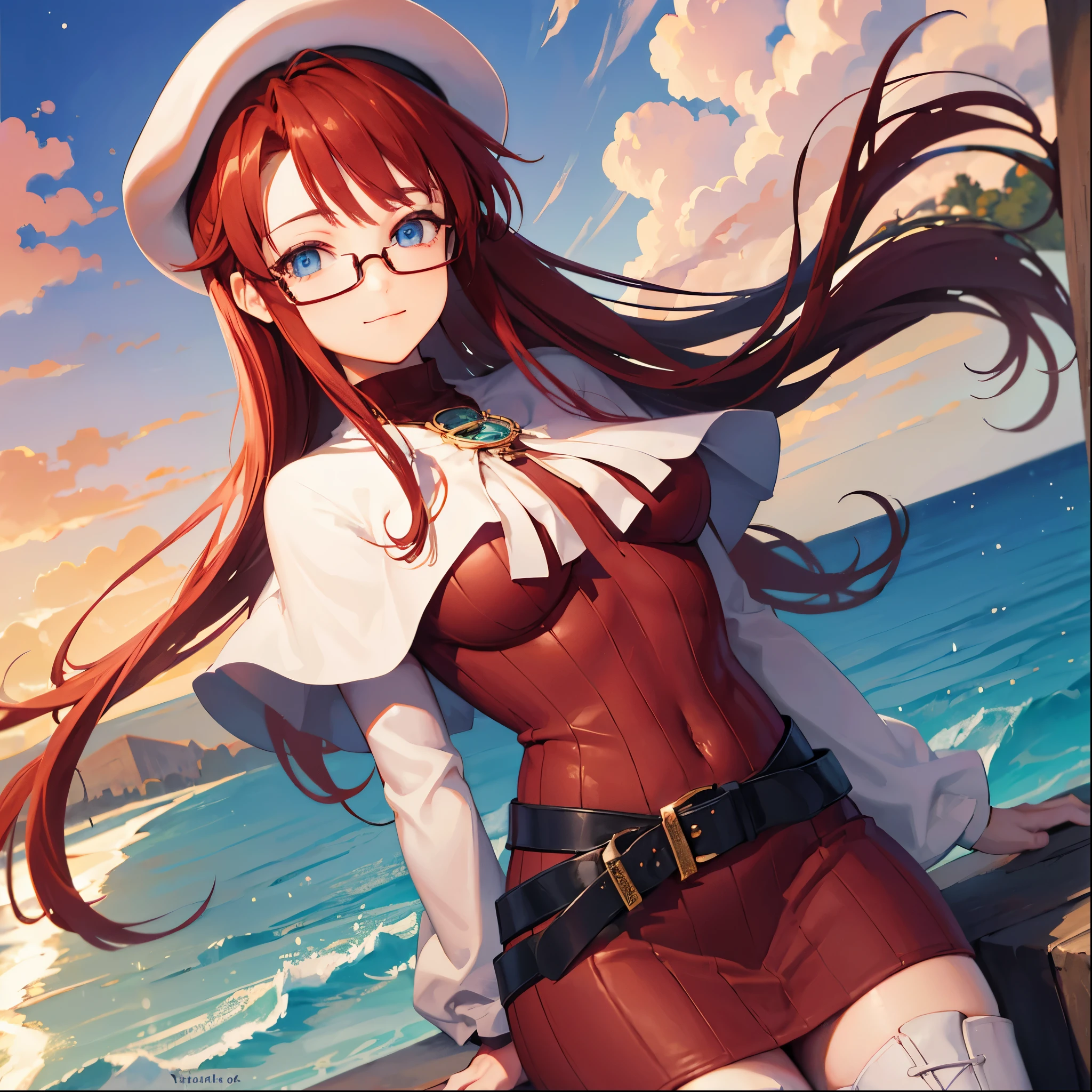 summonnightaty, aty, (young:1.3),long hair, blue eyes, red hair, big_tits, hat, glasses,
BREAK long hair, thighhighs, hat, dress, naked_legs, glasses, belt, cape, sweater, zettai ryouiki, beret, thigh boots, white footwear, ribbed sweater, loose belt,solo,
BREAK outdoors, fantasy,on_beach,
,Highquality_hads,perfect_fingers,
BREAK (masterpiece:1.2), best quality, high resolution, unity 8k wallpaper, (illustration:0.8), (beautiful detailed eyes:1.6), extremely detailed face, perfect lighting, extremely detailed CG, (perfect hands, perfect anatomy),covered_nipples,covered_navel ,half_eyes,long_sword,sleepy,standing,red_sweater,apart_knees,magical_effect,spread_legs, have_a_book,teacher,rise_knee,Smile,rise_hand,look_down_viewer,spread_arms,sea​_waves,looking_into,blue_sky,sitting,plump,