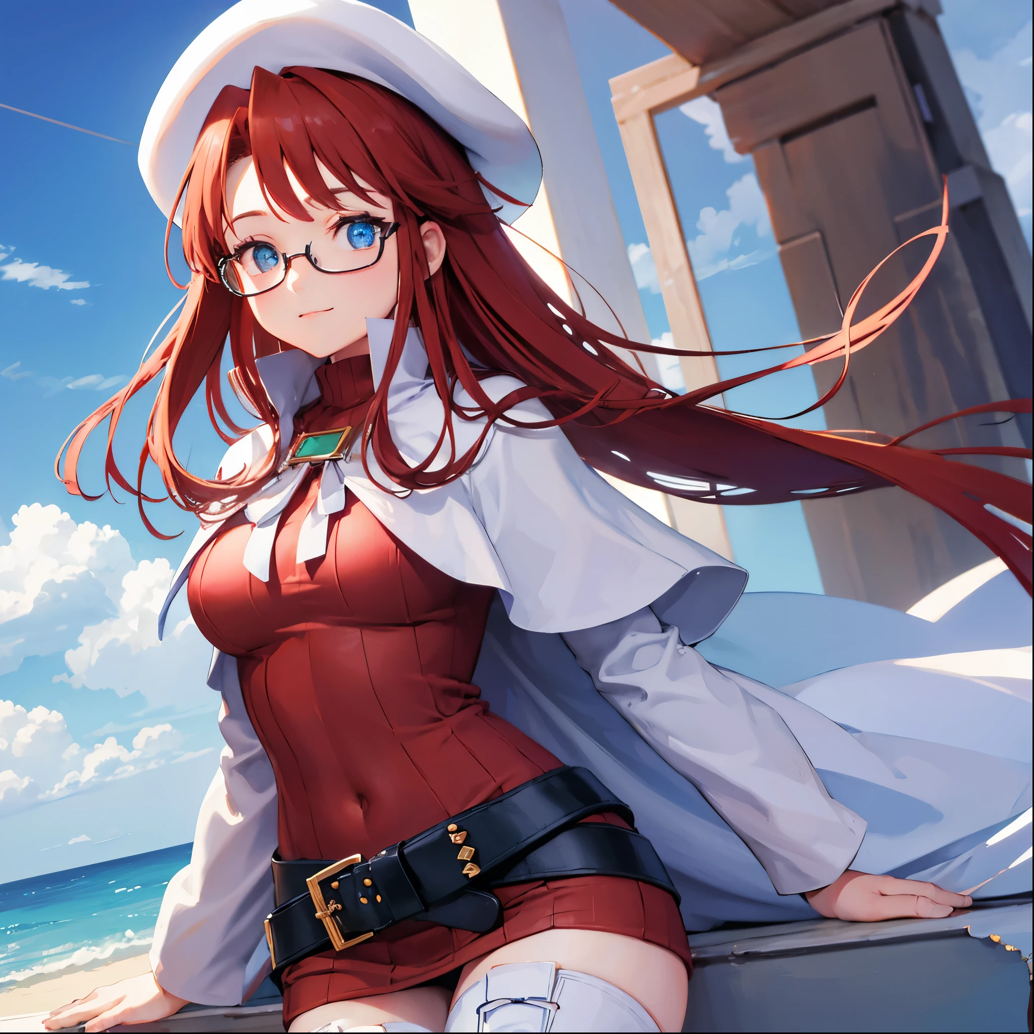 summonnightaty, aty, (young:1.3),long hair, blue eyes, red hair, big_tits, hat, glasses,
BREAK long hair, thighhighs, hat, dress, naked_legs, glasses, belt, cape, sweater, zettai ryouiki, beret, thigh boots, white footwear, ribbed sweater, loose belt,solo,
BREAK outdoors, fantasy,on_beach,
,Highquality_hads,perfect_fingers,
BREAK (masterpiece:1.2), best quality, high resolution, unity 8k wallpaper, (illustration:0.8), (beautiful detailed eyes:1.6), extremely detailed face, perfect lighting, extremely detailed CG, (perfect hands, perfect anatomy),covered_nipples,covered_navel ,half_eyes,long_sword,sleepy,standing,red_sweater,apart_knees,magical_effect,spread_legs, have_a_book,teacher,rise_knee,Smile,rise_hand,look_down_viewer,spread_arms,sea​_waves,looking_into,blue_sky,sitting,plump,