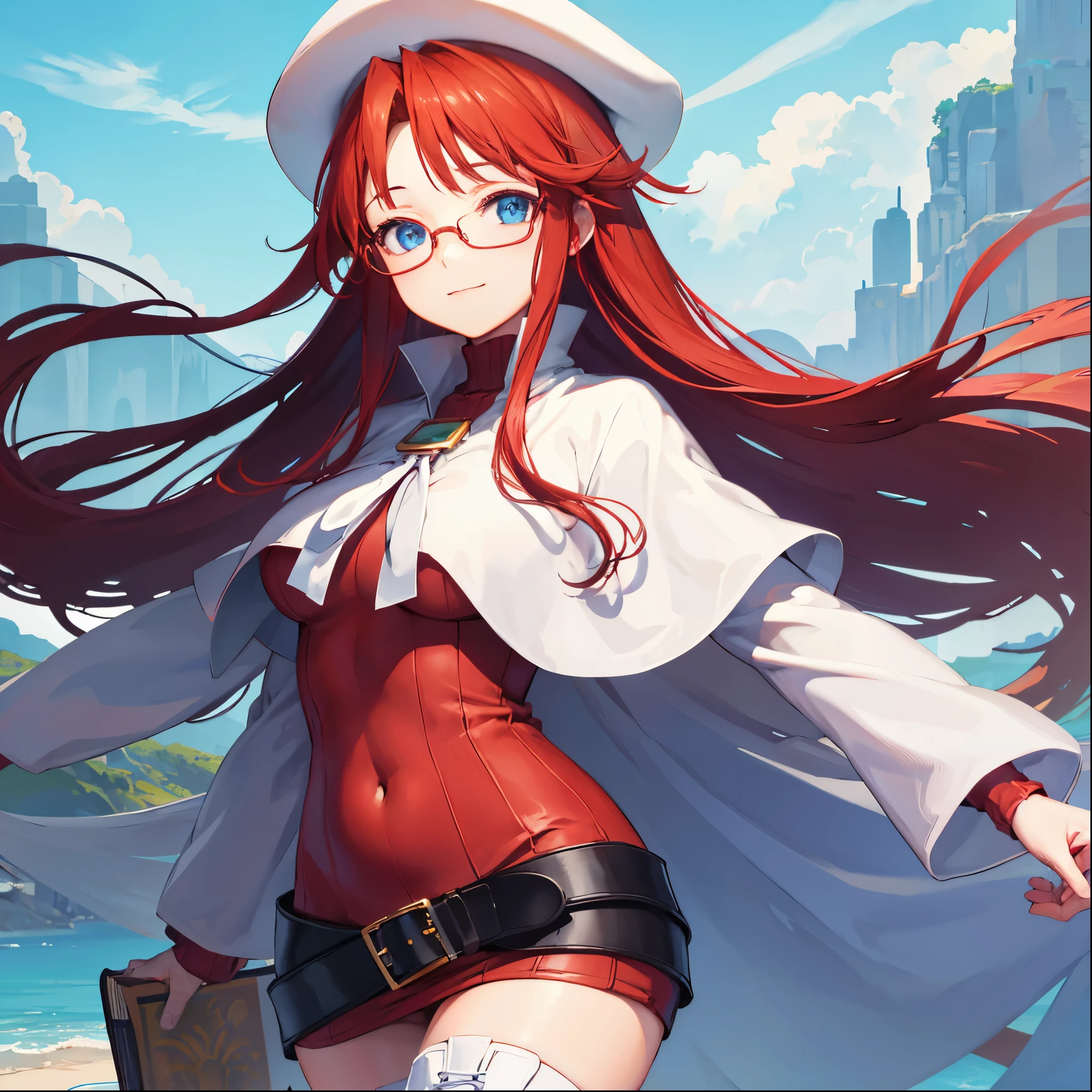 summonnightaty, aty, (young:1.3),long hair, blue eyes, red hair, big_tits, hat, glasses,
BREAK long hair, thighhighs, hat, dress, naked_legs, glasses, belt, cape, sweater, zettai ryouiki, beret, thigh boots, white footwear, ribbed sweater, loose belt,solo,
BREAK outdoors, fantasy,on_beach,
,Highquality_hads,perfect_fingers,
BREAK (masterpiece:1.2), best quality, high resolution, unity 8k wallpaper, (illustration:0.8), (beautiful detailed eyes:1.6), extremely detailed face, perfect lighting, extremely detailed CG, (perfect hands, perfect anatomy),covered_nipples,covered_navel ,half_eyes,long_sword,sleepy,standing,red_sweater,apart_knees,magical_effect,spread_legs, have_a_book,teacher,rise_knee,Smile,rise_hand,look_down_viewer,spread_arms,sea​_waves,looking_into,blue_sky,sitting,plump,