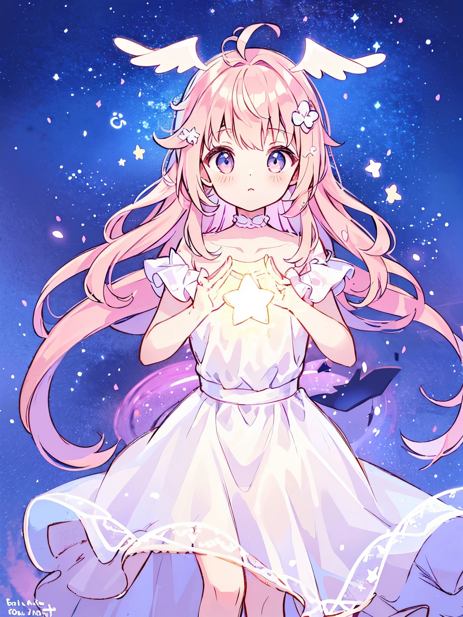 complex background, wishing star background, an angel girl wearing an ethereal mystical pink translucent dress that reflects the stars, small wings coming off her head, mystic, complex drawing, highly detailed, ethereal, starry night, midjourney style